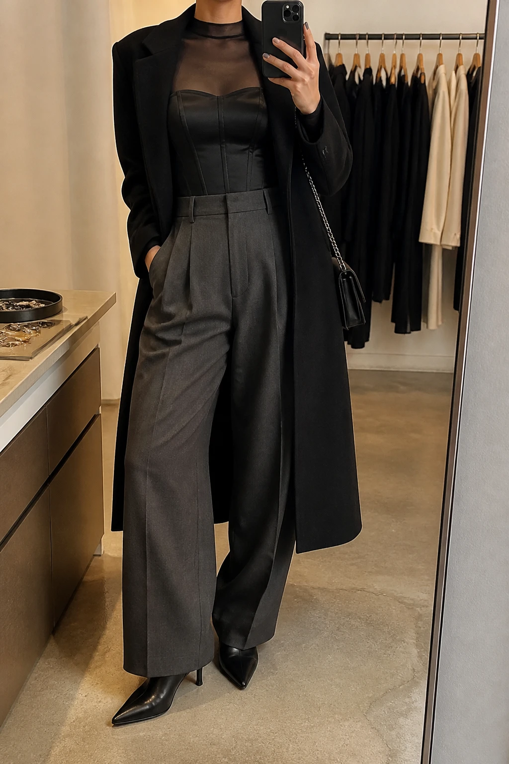 Image Prompt: Mirror selfie of a woman wearing a black structured satin corset-style top with a straight neckline layered over a black fitted long-sleeve mesh top, charcoal grey high-waisted wide-leg tailored wool trousers, black leather pointed-toe heeled ankle boots, a long black tailored wool coat worn open, and a small black chain-strap handbag, holding a phone in front of a mirror, cropped at the NECK so the face does not show, with a relaxed casual selfie pose, in a fashion studio mirror corner, warm soft indoor lighting, a clothing rack with garments behind and a jewelry tray on the vanity, realistic black satin texture, natural charcoal trouser folds, fashionable evening proportions, latest iPhone photo quality, no additional clothing or accessories.