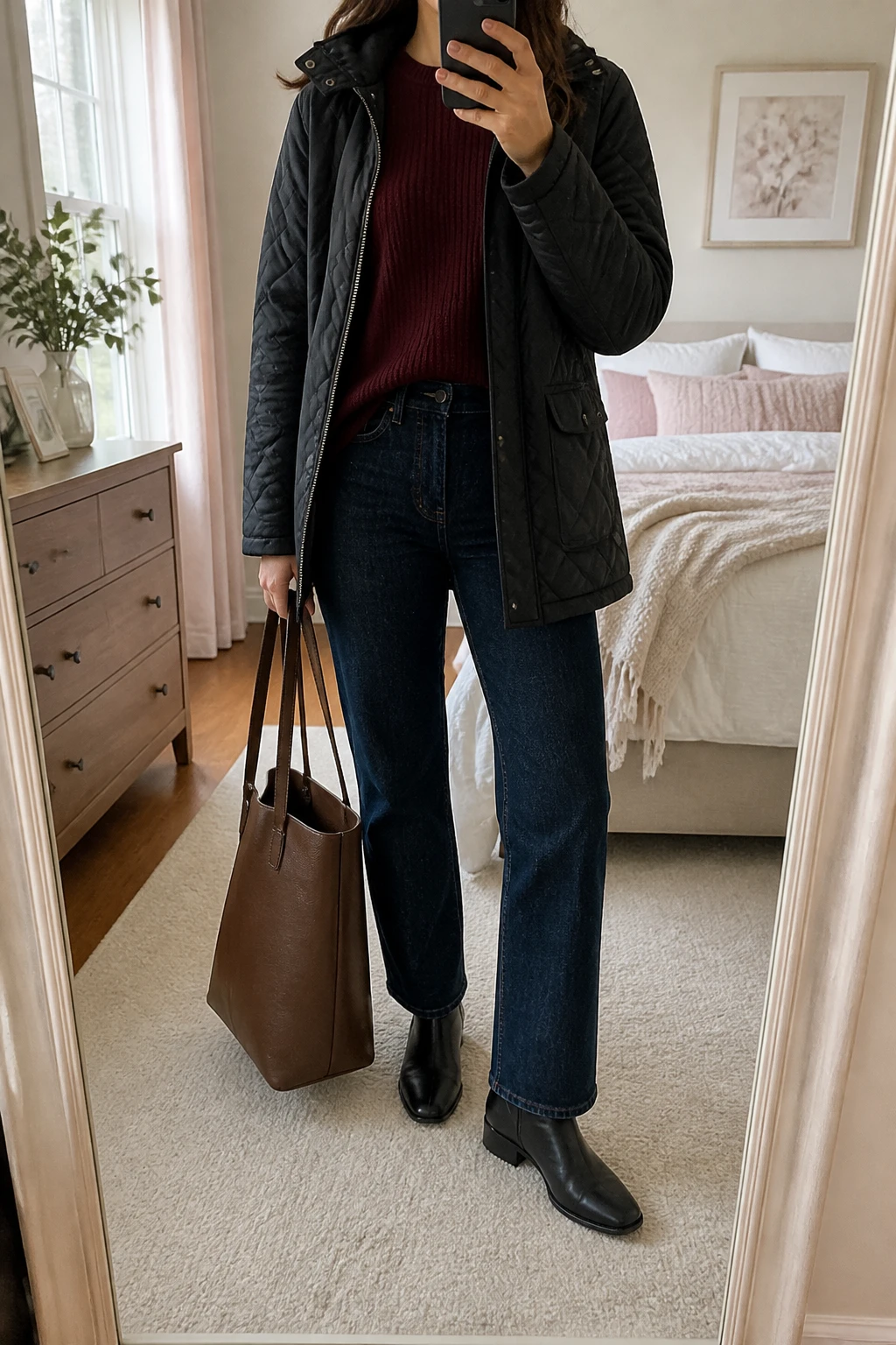 Image Prompt: Mirror selfie of a woman wearing a burgundy relaxed-fit ribbed wool crewneck sweater tucked slightly into dark indigo straight-leg jeans, a black quilted hip-length winter jacket worn open, black leather flat ankle boots, and a medium chocolate brown leather tote bag, holding a phone in front of a mirror, cropped at the NECK so the face does not show, with a relaxed casual selfie pose, in a feminine-themed bedroom, soft natural window light, soft pillows on an unmade bed and a small plant on a dresser, realistic burgundy wool texture and true-to-life colors, latest iPhone photo quality, no additional clothing or accessories.