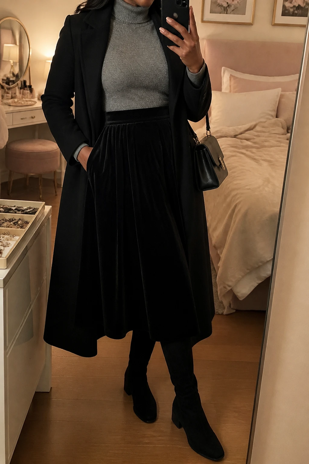 Image Prompt: Mirror selfie of a black woman wearing a heather grey fitted cashmere turtleneck sweater tucked into a black velvet high-waisted A-line midi skirt, black suede knee-high boots with low block heels, a long black tailored wool coat worn open, a small structured black leather handbag, and delicate silver stud earrings, holding a phone in front of a mirror, cropped at the NECK so the face does not show, with a relaxed casual selfie pose, in a feminine-themed bedroom, warm soft indoor lighting, soft pillows on an unmade bed and a jewelry tray on the vanity, realistic grey cashmere texture, natural black velvet folds, subtle evening shadows, latest iPhone photo quality, no additional clothing or accessories.
