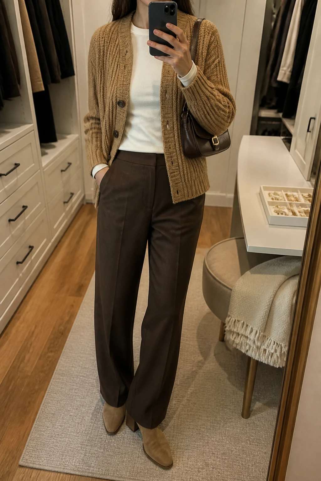 Image Prompt: Mirror selfie of a woman wearing a camel chunky-knit button-front cardigan over a cream fitted cotton long-sleeve top, chocolate brown relaxed straight-leg wool-blend trousers, tan suede low-heeled ankle boots, and a small dark brown leather shoulder bag, holding a phone in front of a mirror, cropped at the NECK so the face does not show, with a relaxed casual selfie pose, in a walk-in closet mirror, warm indoor lighting, a jewelry tray on the vanity and a folded blanket on a chair, natural brown tones, realistic wool and knit texture, latest iPhone photo quality, no additional clothing or accessories.