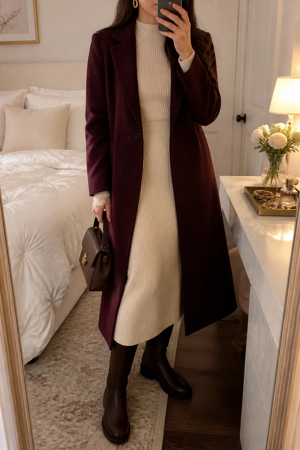 Image Prompt: Mirror selfie of a woman wearing a long deep burgundy single-breasted tailored wool coat over a cream long-sleeve ribbed knit midi dress with a high neckline and softly fitted waist, chocolate brown leather knee-high flat boots with rubber soles, a small structured dark brown leather handbag, and delicate gold oval earrings, holding a phone in front of a mirror, cropped at the NECK so the face does not show, with a relaxed casual selfie pose, in a feminine-themed bedroom, warm soft indoor lighting, soft pillows on an unmade bed and a jewelry tray on the vanity, realistic burgundy wool texture, natural cream ribbed knit folds, soft brown leather finish, latest iPhone photo quality, no additional clothing or accessories.