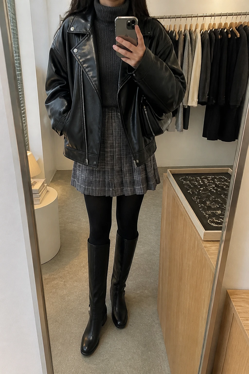 Image Prompt: Mirror selfie of a woman wearing an oversized black padded faux-leather biker jacket over a charcoal grey fitted ribbed turtleneck sweater, a grey plaid wool-blend pleated mini skirt, black opaque fleece-lined tights, black leather knee-high flat boots, and a small black leather shoulder bag, holding a phone in front of a mirror, cropped at the NECK so the face does not show, with a relaxed casual selfie pose, in a fashion studio mirror corner, warm soft indoor lighting, a clothing rack with garments behind and a jewelry tray on the vanity, realistic black leather texture, natural grey plaid skirt pleats and believable thermal tights, latest iPhone photo quality, no additional clothing or accessories.
