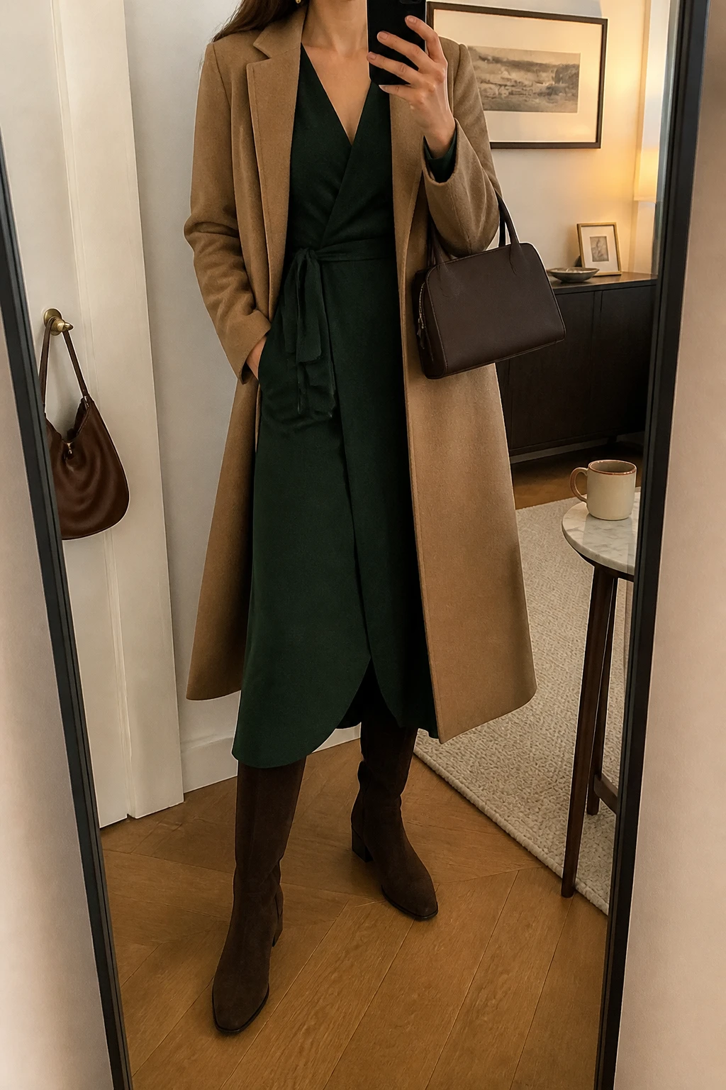 Image Prompt: Mirror selfie of a woman wearing a forest green long-sleeve wool-blend wrap midi dress with a softly tied waist, chocolate brown suede knee-high boots with low block heels, a camel tailored wool coat worn open, a small dark brown structured leather handbag, and gold oval stud earrings, holding a phone in front of a mirror, cropped at the NECK so the face does not show, with a relaxed casual selfie pose, in a stylish city apartment, warm soft indoor lighting, a coffee mug on a side table and a handbag hanging on a door handle, realistic green wool fabric, natural wrap dress folds and suede texture, latest iPhone photo quality, no additional clothing or accessories.