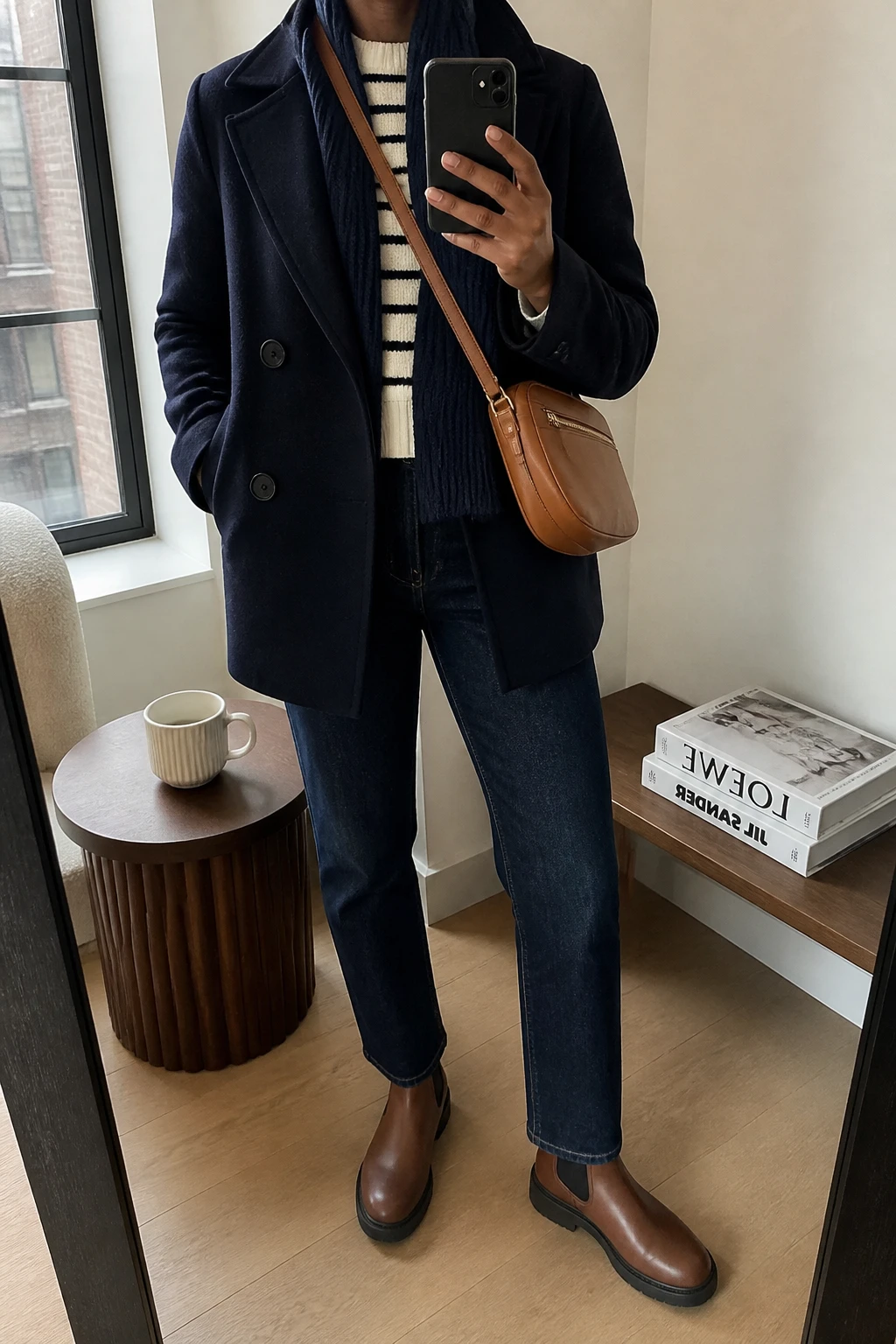 Image Prompt: Mirror selfie of a black woman wearing a navy double-breasted wool peacoat over a cream and navy striped thick knit crewneck sweater, dark indigo straight-leg denim jeans, cognac brown waterproof leather Chelsea boots with flat rubber soles, a tan leather zippered crossbody bag, and a navy ribbed wool scarf, holding a phone in front of a mirror, cropped at the NECK so the face does not show, with a relaxed casual selfie pose, in a stylish city apartment, soft natural window light, a coffee mug on a side table and a stack of fashion magazines on a bench, realistic navy wool texture and casual denim creases, latest iPhone photo quality, no additional clothing or accessories.