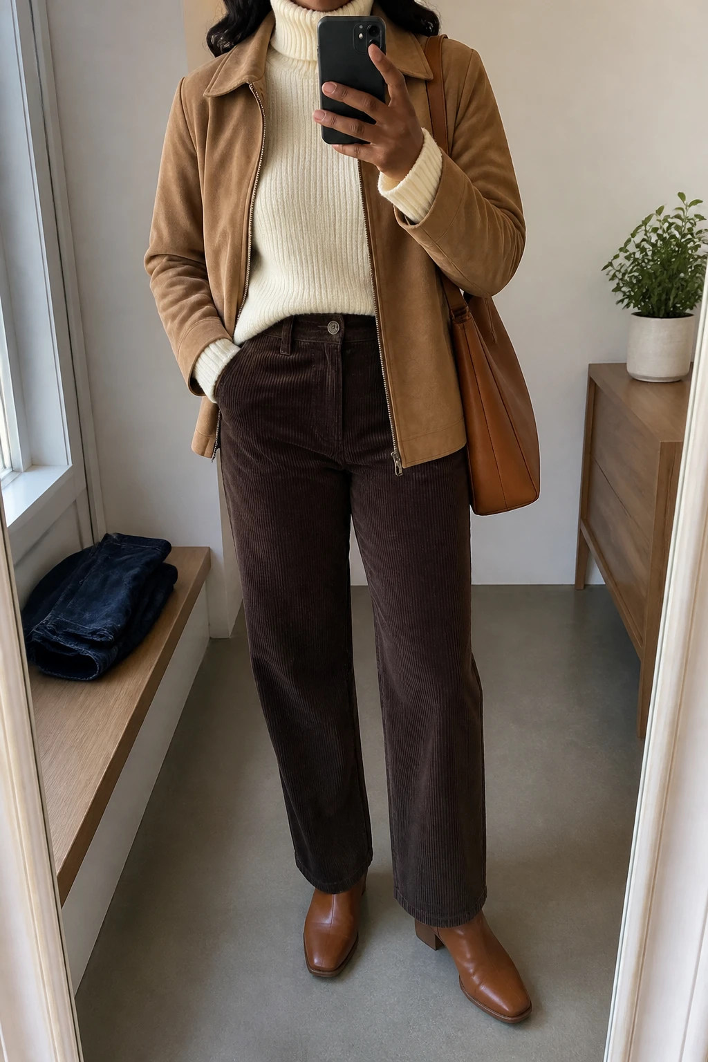 Image Prompt: Mirror selfie of a black woman wearing a camel faux-suede hip-length jacket with a softly structured collar over an ivory chunky ribbed turtleneck sweater, dark chocolate brown high-waisted straight-leg corduroy trousers, cognac leather flat ankle boots, and a structured tan leather shoulder bag, holding a phone in front of a mirror, cropped at the NECK so the face does not show, with a relaxed casual selfie pose, in a minimal dressing room, soft natural window light, folded denim jeans on a bench and a small plant on a dresser, realistic camel faux-suede grain, natural corduroy ridges and soft ivory knit stitches, latest iPhone photo quality, no additional clothing or accessories.