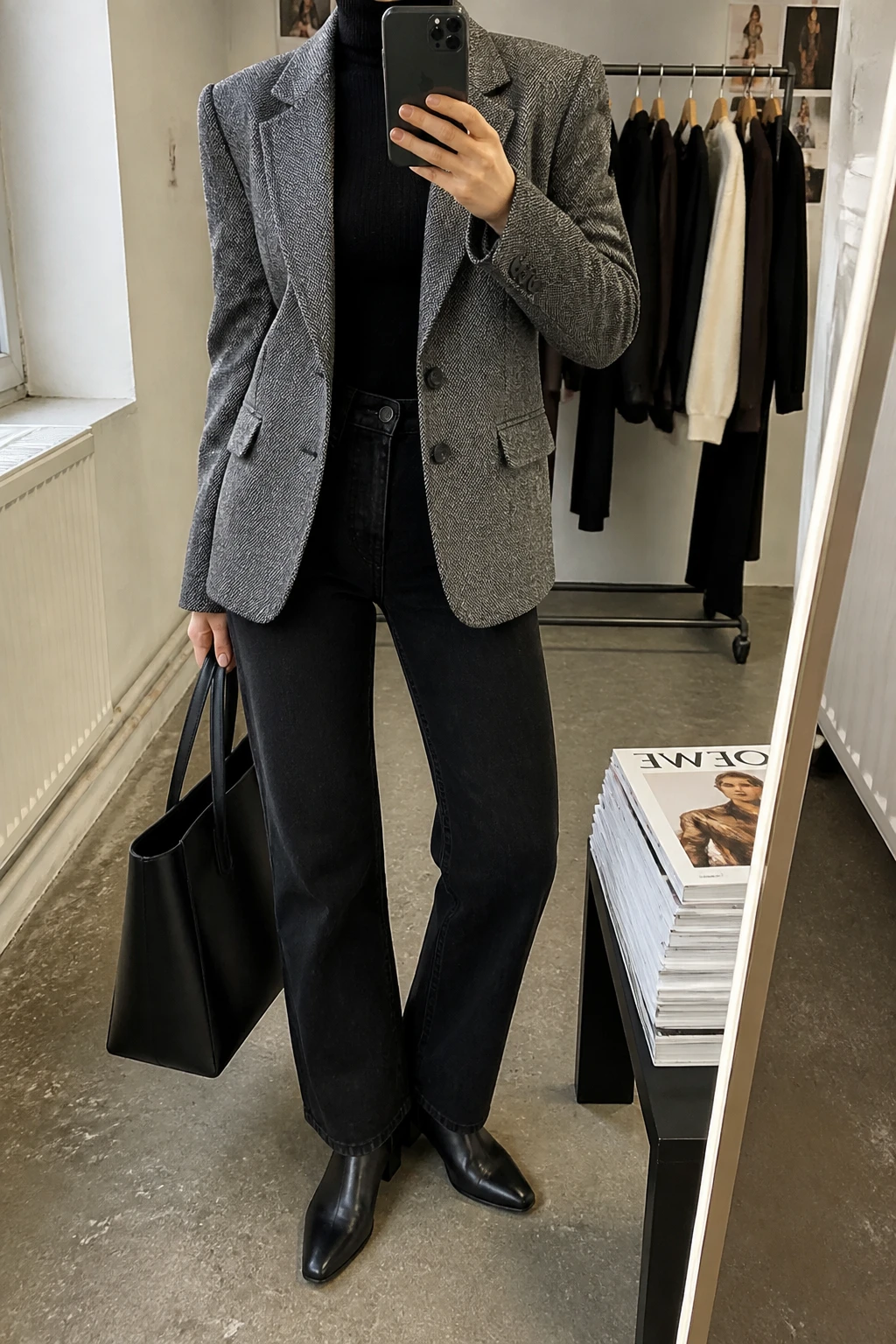 Image Prompt: Mirror selfie of a woman wearing a grey and black tweed tailored blazer over a black fitted fine-knit turtleneck sweater, black high-waisted dark-wash straight-leg denim jeans with no fading or distressing, black leather pointed-toe ankle boots with low heels, and a structured black leather work tote, holding a phone in front of a mirror, cropped at the NECK so the face does not show, with a relaxed casual selfie pose, in a fashion studio mirror corner, natural window light, a clothing rack with garments behind and a stack of fashion magazines on a side table, realistic tweed fabric and neat denim texture, latest iPhone photo quality, no additional clothing or accessories.