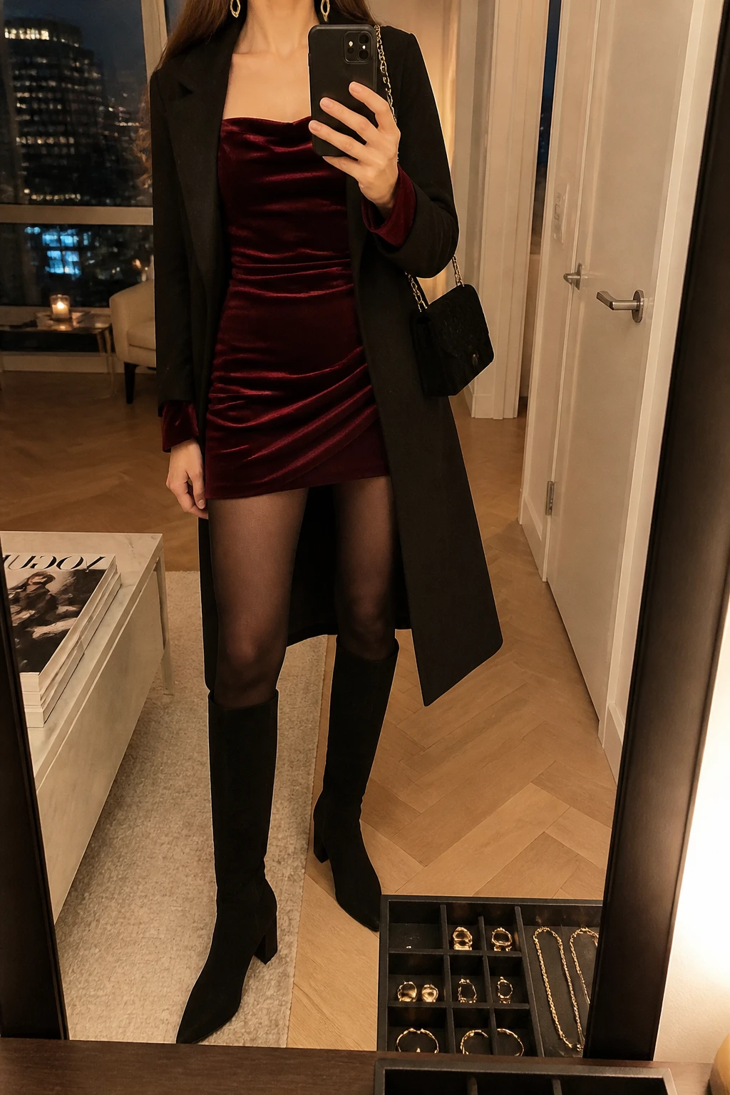 Image Prompt: Mirror selfie of a woman wearing a deep burgundy long-sleeve velvet mini dress with a softly draped square neckline and gently fitted waist, black sheer-look fleece-lined tights, black suede knee-high boots with block heels, a long black wool coat worn open, a small black velvet shoulder bag, and delicate gold oval earrings, holding a phone in front of a mirror, cropped at the NECK so the face does not show, with a relaxed casual selfie pose, in a stylish city apartment, warm moody lighting, a jewelry tray on the vanity and fashion magazines on a side table, realistic burgundy velvet texture, natural black suede finish and warm evening colors, latest iPhone photo quality, no additional clothing or accessories.