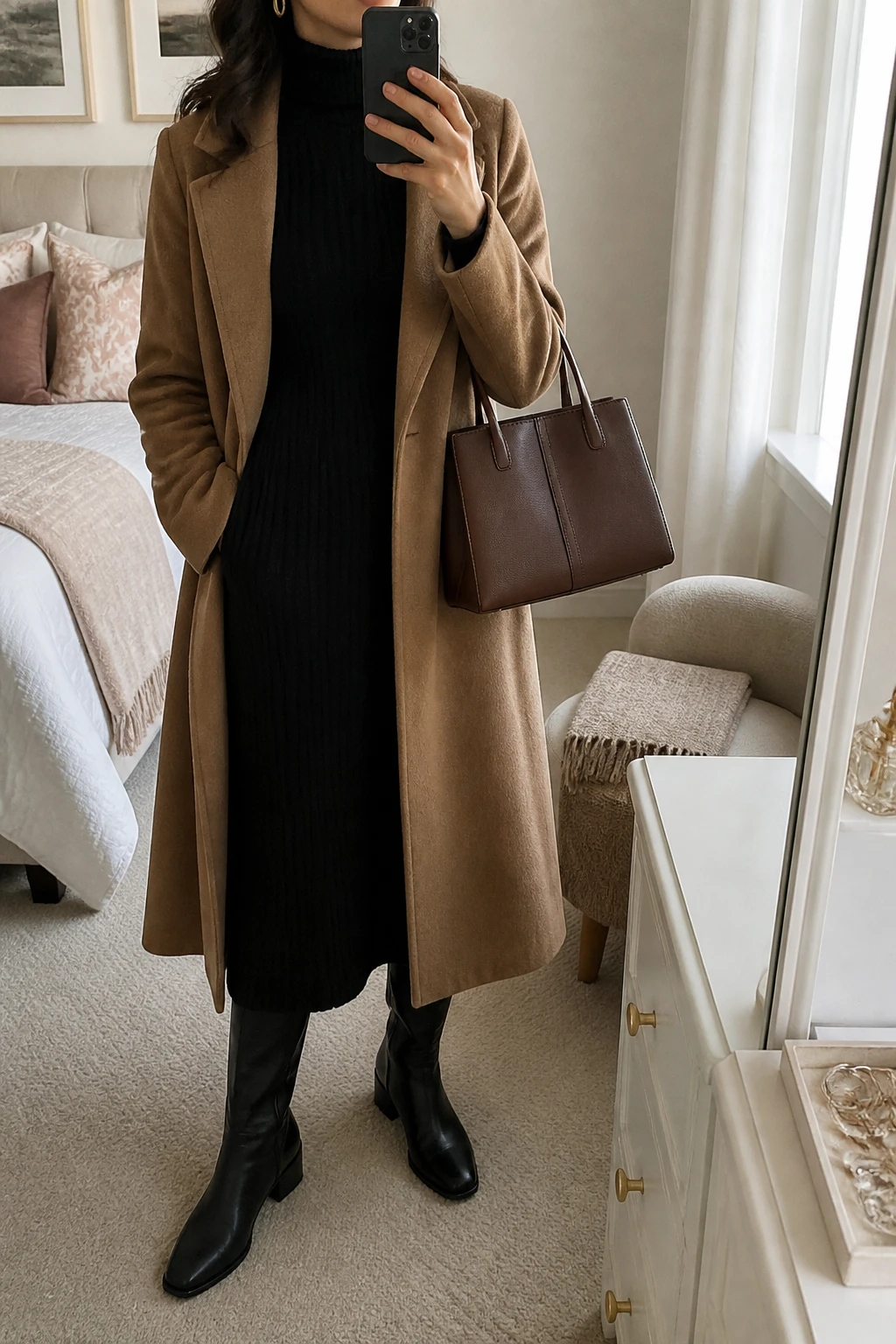 Image Prompt: Mirror selfie of a woman wearing a black long-sleeve ribbed knit midi dress with a high turtleneck, softly fitted waist, and straight skirt, a long camel tailored wool coat worn open, black leather knee-high boots with low block heels, a structured chocolate brown leather work handbag, and small gold oval earrings, holding a phone in front of a mirror, cropped at the NECK so the face does not show, with a relaxed casual selfie pose, in a feminine-themed bedroom, soft natural window light, a folded blanket on a chair and a jewelry tray on the vanity, realistic black ribbed knit fabric, natural camel wool texture, understated professional styling and latest iPhone photo quality, no additional clothing or accessories.