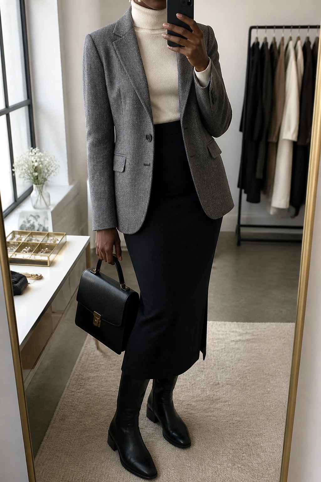 Image Prompt: Mirror selfie of a black woman wearing a heather grey tailored single-breasted wool blazer over an ivory fitted fine-knit turtleneck, a black high-waisted wool-blend midi pencil skirt with a small back slit, black leather knee-high boots with low block heels, a structured black leather top-handle work bag, and small pearl stud earrings, holding a phone in front of a mirror, cropped at the NECK so the face does not show, with a relaxed casual selfie pose, in a fashion studio mirror corner, soft natural window light, a clothing rack with garments behind and a jewelry tray on the vanity, realistic heather grey wool texture, natural black skirt folds, polished leather finish and latest iPhone photo quality, no additional clothing or accessories.