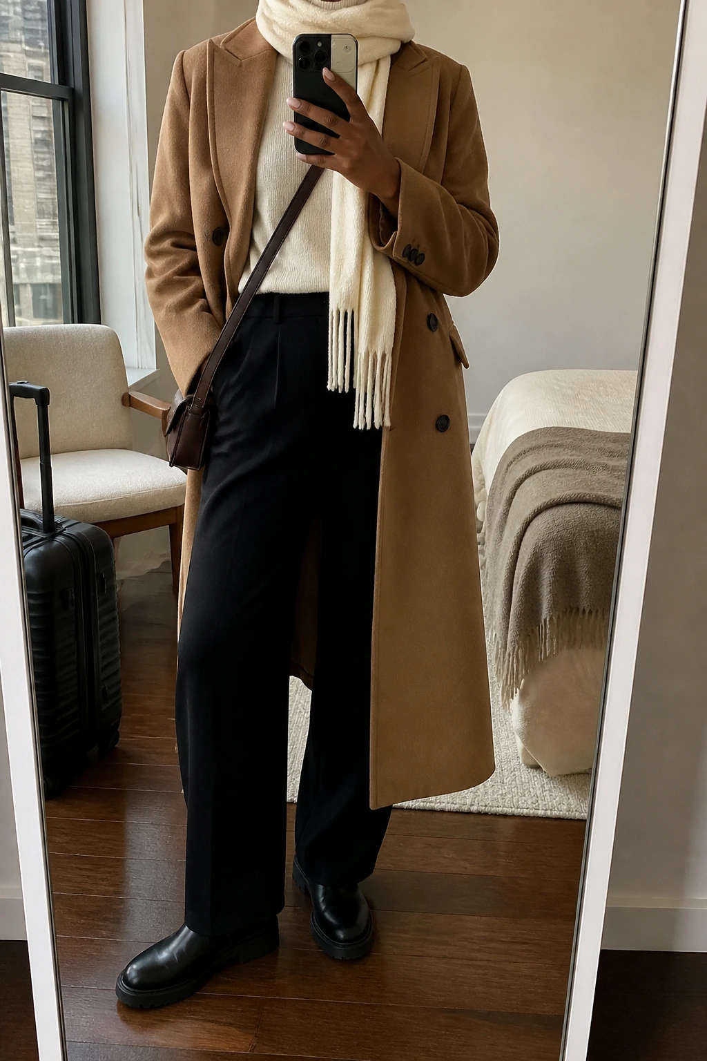 Image Prompt: Mirror selfie of a black woman wearing a long camel double-breasted wool coat over a cream fitted merino wool turtleneck sweater, black high-waisted wide-leg wool-blend trousers, black leather flat Chelsea boots with rubber soles, a chocolate brown leather crossbody bag, and a soft cream cashmere scarf wrapped loosely around the neck, holding a phone in front of a full-length mirror, cropped at the NECK so the face does not show, with a relaxed casual selfie pose, in a stylish city apartment, soft natural window light, a small suitcase beside a chair and a folded blanket on the bed, realistic camel wool fabric, natural trouser creases, soft knit texture, latest iPhone photo quality, no additional clothing or accessories.