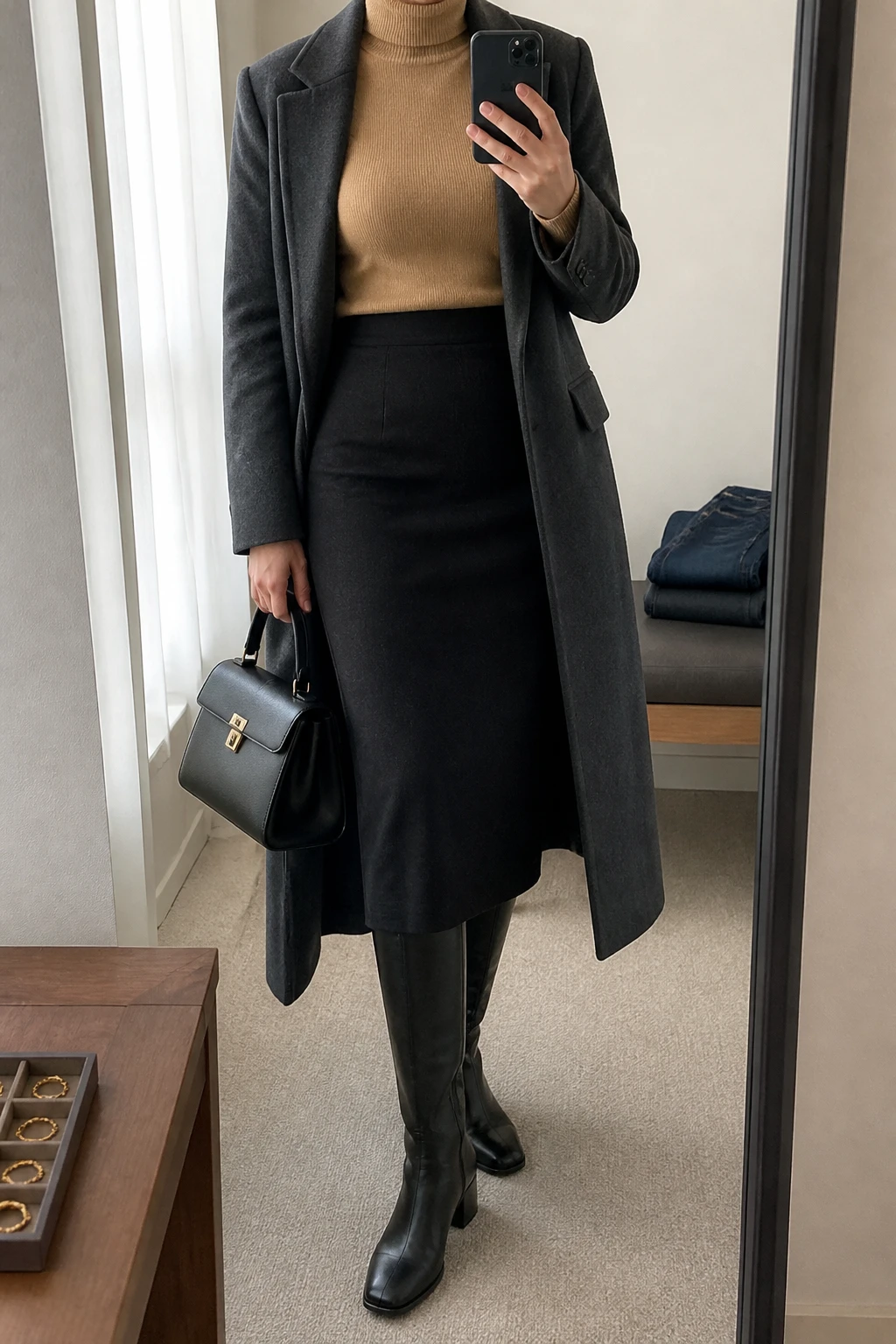 Image Prompt: Mirror selfie of a woman wearing a camel fitted cashmere turtleneck sweater tucked into a black high-waisted wool pencil midi skirt with a small back slit, black leather knee-high boots with low block heels, a long charcoal grey tailored wool coat worn open, and a structured black leather top-handle handbag, holding a phone in front of a mirror, cropped at the NECK so the face does not show, with a relaxed casual selfie pose, in a minimal dressing room, soft natural window light, a jewelry tray on the vanity and folded denim jeans on a bench, realistic camel cashmere texture, natural black wool skirt folds and tailored winter styling, latest iPhone photo quality, no additional clothing or accessories.