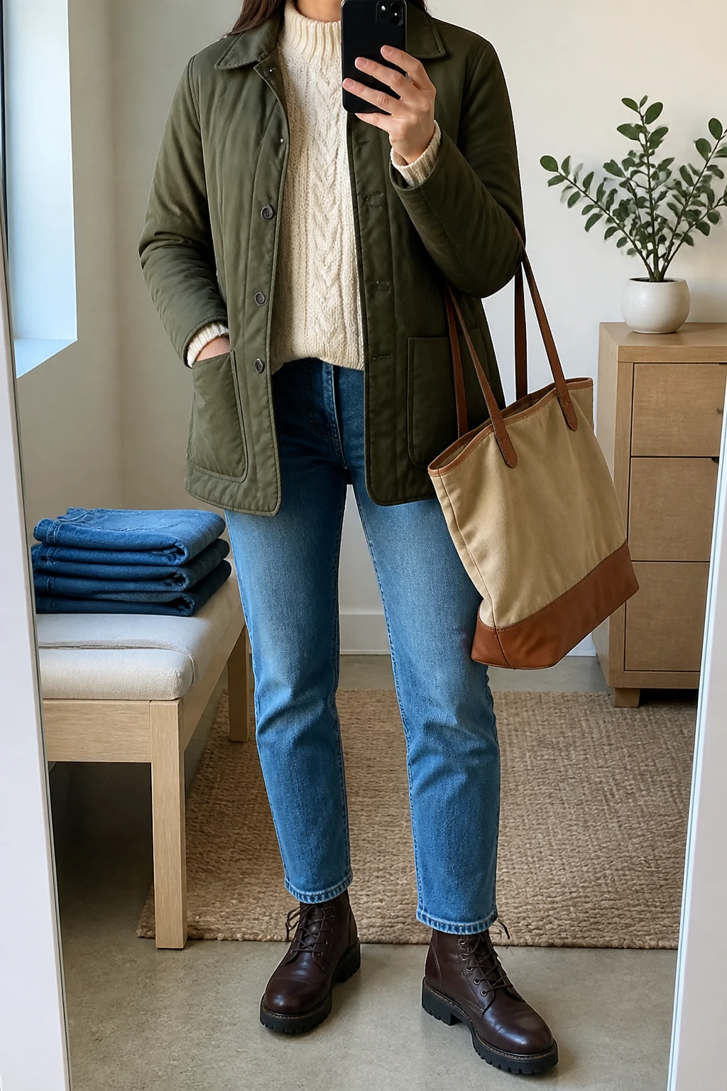 Image Prompt: Mirror selfie of a woman wearing an olive green insulated cotton utility jacket with large front pockets over an ivory chunky cable-knit mock-neck sweater, medium-wash blue straight-leg jeans, chocolate brown waterproof leather lace-up boots with thick rubber soles, and a medium tan canvas-and-leather tote bag, holding a phone in front of a mirror, cropped at the NECK so the face does not show, with a relaxed casual selfie pose, in a minimal dressing room, soft natural window light, folded denim jeans on a bench and a small plant on a dresser, realistic olive cotton texture, natural cream cable-knit stitches and everyday denim folds, latest iPhone photo quality, no additional clothing or accessories.