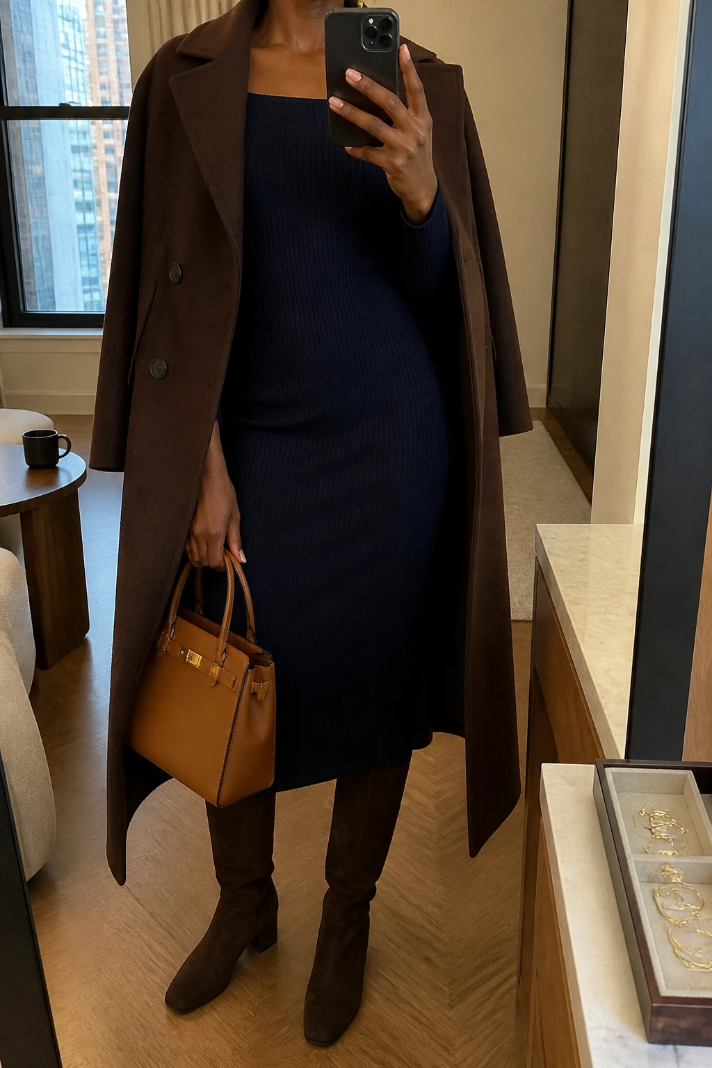 Image Prompt: Mirror selfie of a black woman wearing a long chocolate brown tailored wool coat over a navy long-sleeve fine-ribbed knit midi dress with a modest square neckline and softly fitted waist, dark brown suede knee-high boots with low block heels, a structured caramel leather handbag, and delicate gold drop earrings, holding a phone in front of a mirror, cropped at the NECK so the face does not show, with a relaxed casual selfie pose, in a stylish city apartment, warm soft indoor lighting, a coffee mug on a side table and a jewelry tray on the vanity, realistic chocolate wool texture, natural navy knit fabric folds, soft brown suede finish, latest iPhone photo quality, no additional clothing or accessories.