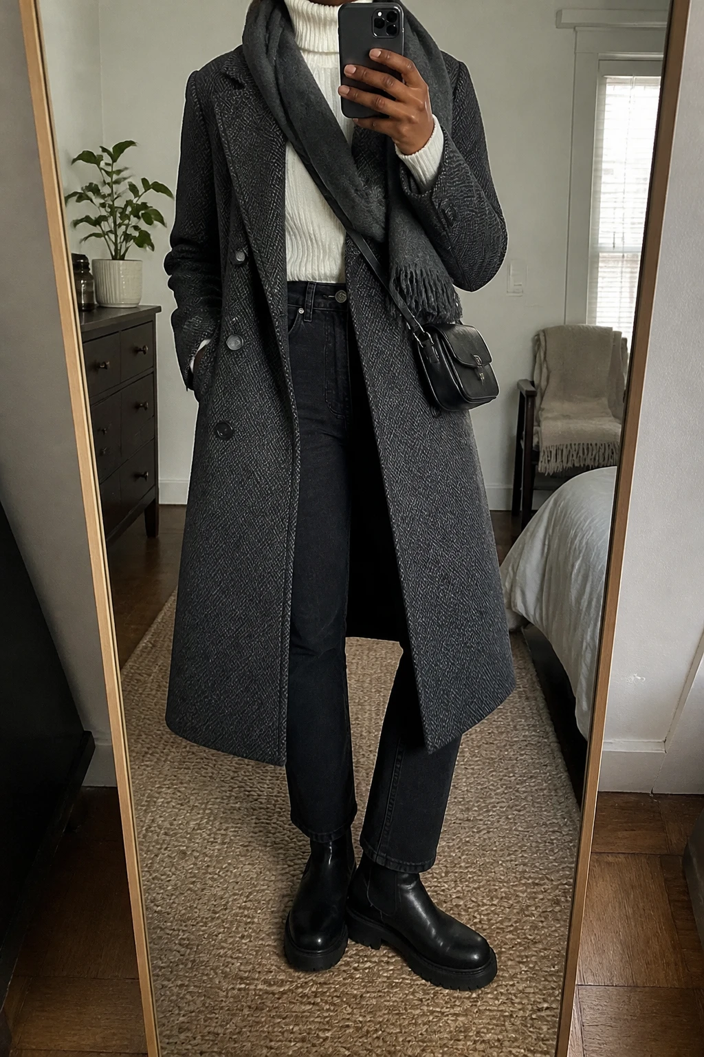 Image Prompt: Mirror selfie of a black woman wearing a long charcoal grey herringbone double-breasted wool coat over an icy white chunky ribbed turtleneck sweater, solid black high-waisted straight-leg denim jeans, black waterproof leather chunky Chelsea boots with flat rubber soles, a small black leather crossbody bag, and a charcoal grey cashmere scarf wrapped loosely around the neck, holding a phone in front of a mirror, cropped at the NECK so the face does not show, with a relaxed casual selfie pose, in a cozy bedroom mirror setup, soft natural window light, a folded blanket on a chair and a small plant on a dresser, realistic charcoal herringbone texture, natural white ribbed knit stitches and black denim creases, latest iPhone photo quality, no additional clothing or accessories.