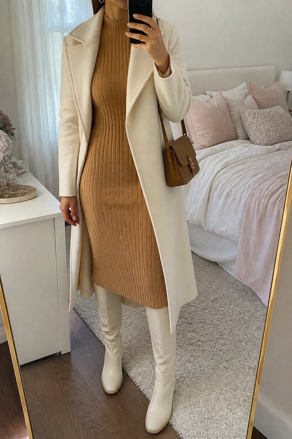 Image Prompt: Mirror selfie of a woman wearing a camel long-sleeve ribbed knit midi dress with a fitted waist and high neckline, cream leather knee-high boots with low block heels, a long ivory wool wrap coat worn open, a small caramel leather shoulder bag, and simple gold hoop earrings, holding a phone in front of a mirror, cropped at the NECK so the face does not show, with a relaxed casual selfie pose, in a feminine-themed bedroom, soft natural window light, a jewelry tray on the vanity and soft pillows on an unmade bed, realistic camel knit fabric, natural cream leather finish and gentle wool coat folds, latest iPhone photo quality, no additional clothing or accessories.