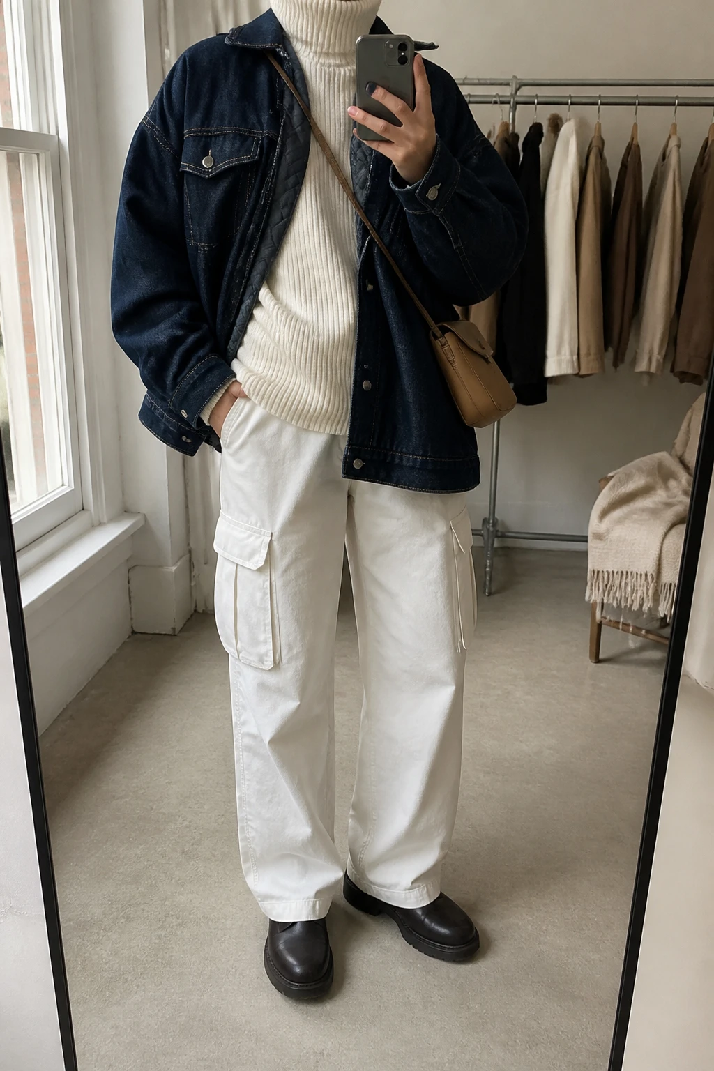 Image Prompt: Mirror selfie of a woman wearing an oversized dark indigo denim jacket with a quilted lining over a cream chunky ribbed turtleneck sweater, winter-white baggy straight-leg cargo jeans with large side pockets, dark brown leather chunky flat Chelsea boots, and a small tan canvas crossbody bag, holding a phone in front of a mirror, cropped at the NECK so the face does not show, with a relaxed casual selfie pose, in a fashion studio mirror corner, soft natural window light, a clothing rack with garments behind and a folded blanket on a chair, realistic quilted denim texture, natural winter-white cargo fabric folds and casual styling, latest iPhone photo quality, no additional clothing or accessories.