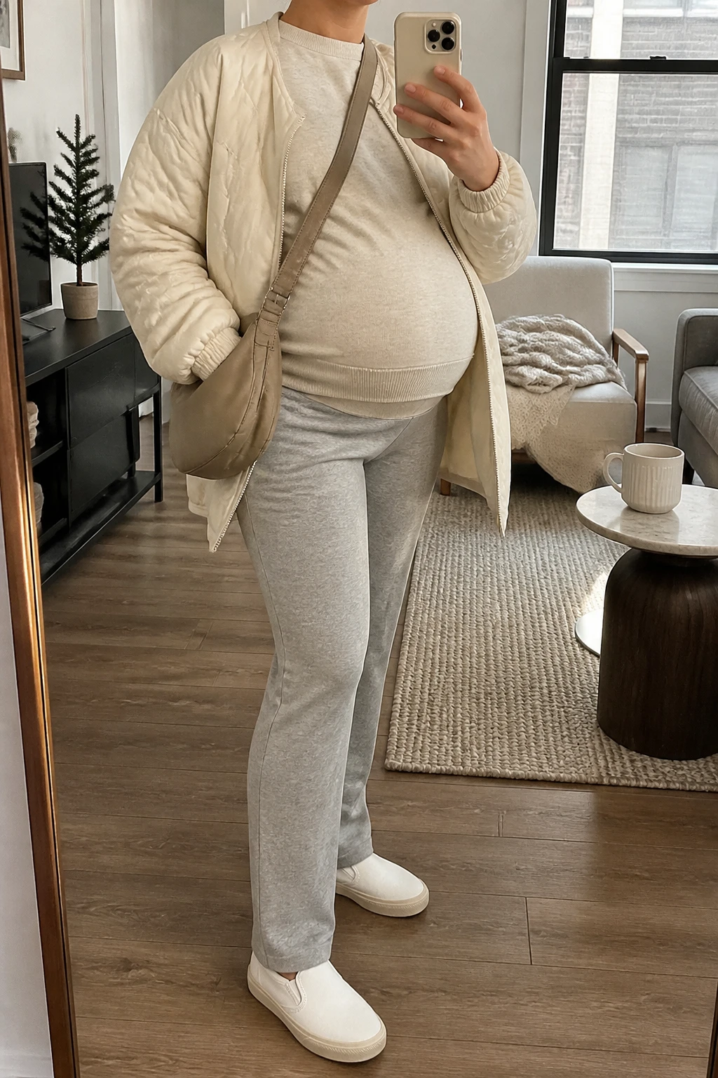 Image Prompt: Mirror selfie of a visibly pregnant woman wearing a cream oversized insulated quilted hip-length jacket left open over an oatmeal soft fleece-lined maternity crewneck sweatshirt with extra room for her rounded belly, heather grey over-the-bump straight-leg maternity joggers with a soft stretch waistband, white cushioned leather slip-on sneakers with beige rubber soles, and a medium taupe nylon crossbody bag, holding a phone in front of a mirror, cropped at the NECK so the face does not show, with a relaxed casual selfie pose and naturally rounded pregnant silhouette, in a stylish city apartment, soft natural window light, a coffee mug on a side table and a folded blanket on a chair, realistic quilted fabric, natural fleece folds, believable maternity proportions, latest iPhone photo quality, no additional clothing or accessories.
