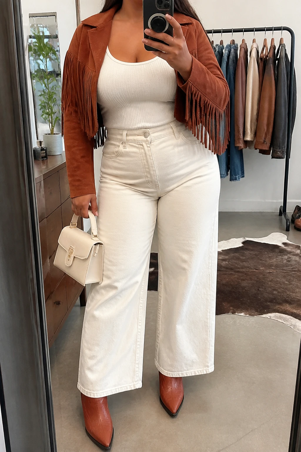 Mirror selfie of a plus size woman wearing cream high-waisted wide-leg jeans, a fitted white ribbed scoop-neck tank top, a cropped rust suede jacket with fringe along the sleeves and back, rust leather pointed cowboy boots, and a structured cream handbag, clearly showing the exact clothing items, cream denim, white top, rust suede fringe, matching boots, and accessories listed, holding a phone in front of a mirror, cropped at the neck so her face does not show, relaxed stylish selfie stance, in a fashion studio mirror corner with soft indoor lighting, a clothing rack with garments behind her and a small plant on a dresser, realistic Western daytime outfit, latest iPhone photo quality.