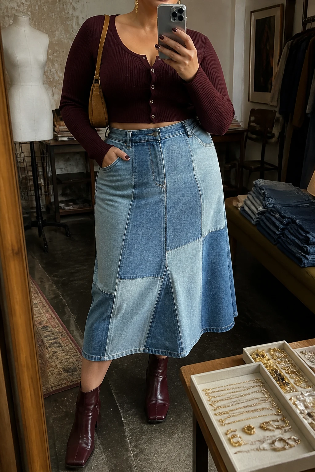 Mirror selfie of a plus size woman wearing a high-waisted patchwork denim midi skirt with mixed light and medium blue panels, a fitted burgundy cropped cardigan buttoned at the front, burgundy leather ankle boots with block heels, a small tan suede shoulder bag, and delicate gold drop earrings, clearly showing the exact clothing items, mixed denim panels, burgundy knit, footwear, and accessories listed, holding a phone in front of a mirror, cropped at the neck so her face is hidden, relaxed creative selfie pose, in a fashion studio mirror corner with warm moody lighting, a jewelry tray on the vanity and folded denim jeans on a bench, realistic year-round denim styling, latest iPhone photo quality.