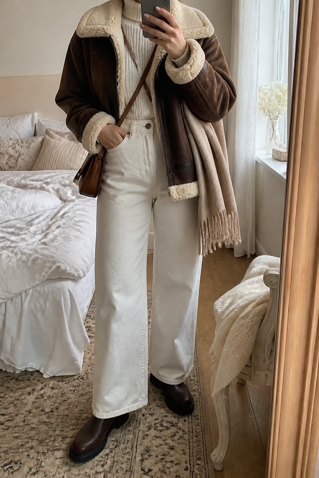 Image Prompt: Mirror selfie of a woman wearing a chocolate brown faux-suede shearling-lined jacket with a thick cream fleece collar over an ivory fitted thermal turtleneck sweater, winter-white high-waisted wide-leg denim jeans, dark brown leather flat Chelsea boots with rubber soles, a small caramel leather crossbody bag, and a beige wool scarf, holding a phone in front of a mirror, cropped at the NECK so the face does not show, with a relaxed casual selfie pose, in a feminine-themed bedroom, soft natural window light, soft pillows on an unmade bed and a folded blanket on a chair, realistic brown faux-suede texture, natural shearling details and cream denim folds, latest iPhone photo quality, no additional clothing or accessories.