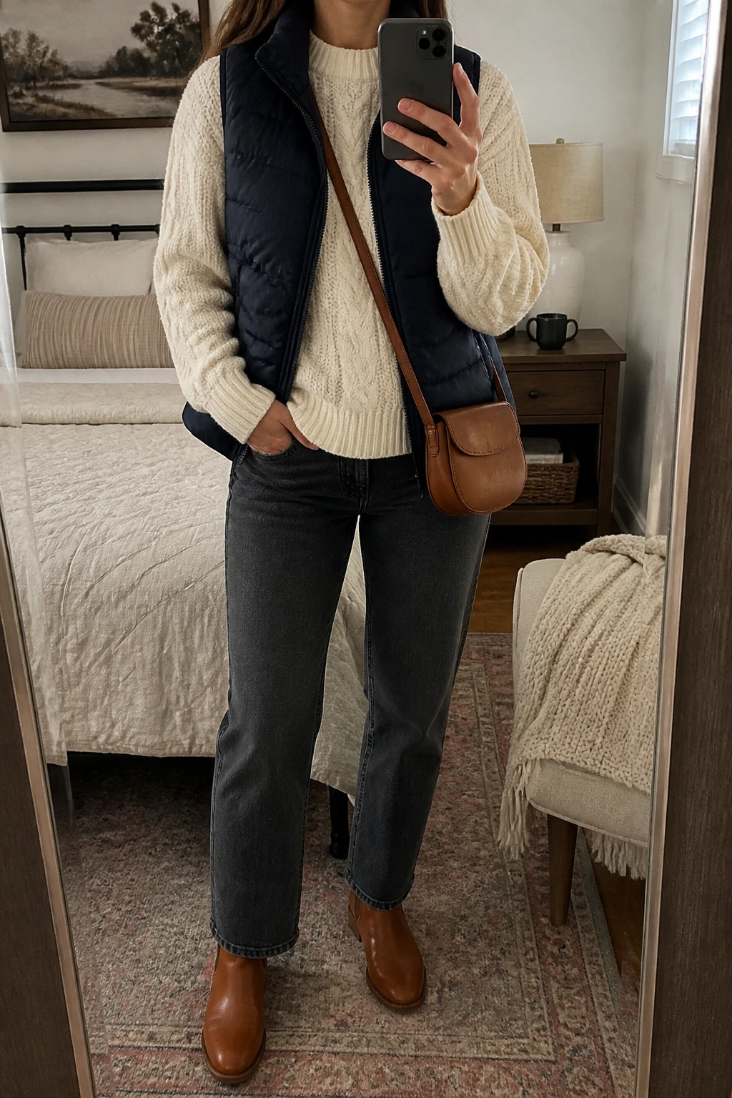 Image Prompt: Mirror selfie of a woman wearing a navy lightweight insulated quilted puffer vest over a cream chunky cable-knit crewneck sweater, charcoal grey straight-leg denim jeans, cognac brown leather flat ankle boots, and a small tan leather crossbody bag, holding a phone in front of a mirror, cropped at the NECK so the face does not show, with a relaxed casual selfie pose, in a cozy bedroom mirror setup, soft indoor lighting, a coffee mug on a bedside table and a folded blanket on a chair, realistic navy quilted fabric, soft cable-knit texture and natural charcoal denim creases, latest iPhone photo quality, no additional clothing or accessories.