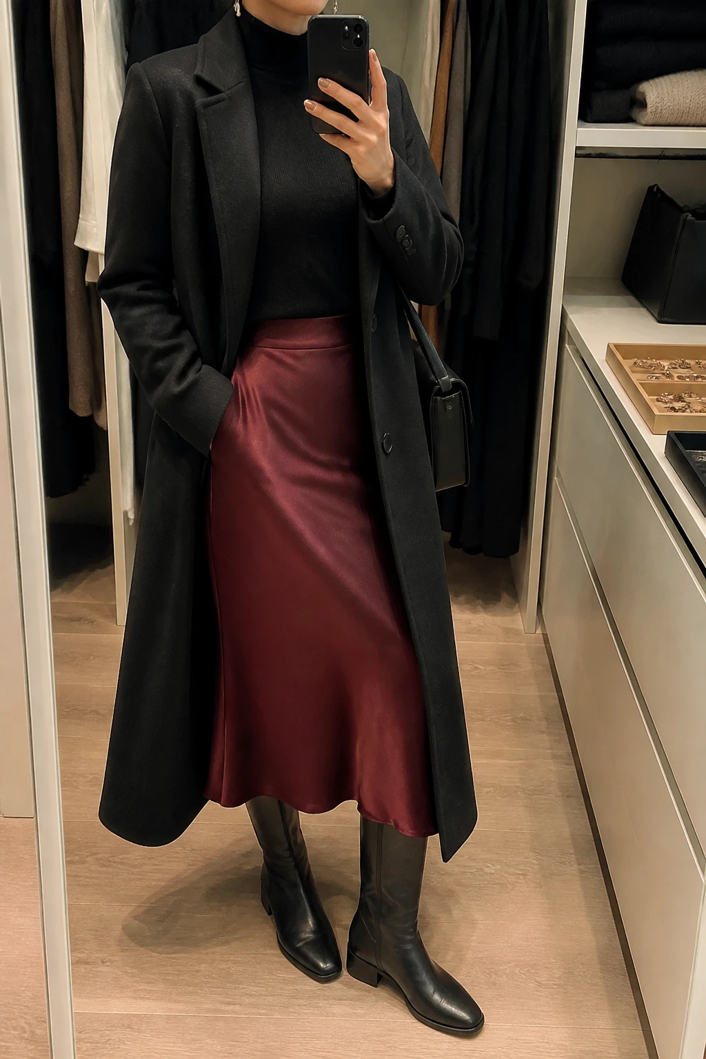 Image Prompt: Mirror selfie of a woman wearing a long black tailored wool coat over a fitted black cashmere turtleneck sweater, a deep burgundy satin bias-cut midi skirt, black leather knee-high boots with low block heels, a small black structured shoulder bag, and delicate silver drop earrings, holding a phone in front of a mirror, cropped at the NECK so the face does not show, with a relaxed casual selfie pose, in a walk-in closet mirror, warm soft indoor lighting, an open closet with clothes visible and a jewelry tray on the vanity, realistic black wool coat texture, natural burgundy satin reflections, soft black cashmere fabric, latest iPhone photo quality, no additional clothing or accessories.