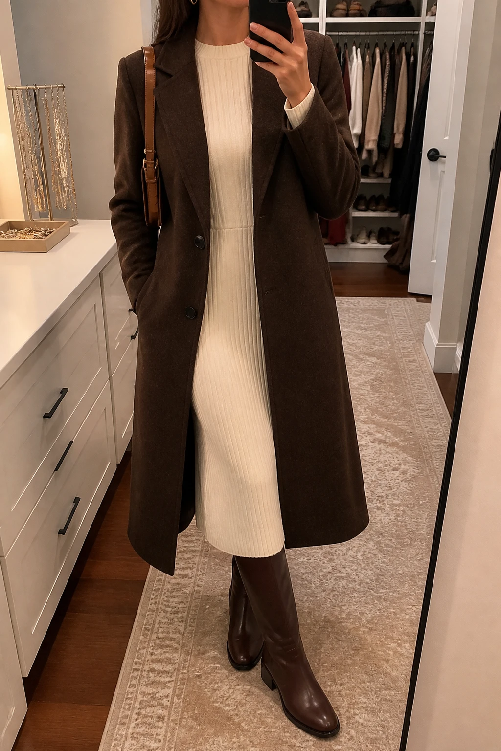 Image Prompt: Mirror selfie of a woman wearing a long chocolate brown tailored wool coat over an ivory long-sleeve ribbed knit midi dress with a softly fitted waist, dark brown leather knee-high boots with low block heels and rubber soles, a small caramel leather shoulder bag, and delicate gold hoop earrings, holding a phone in front of a mirror, cropped at the NECK so the face does not show, with a relaxed casual selfie pose, in a walk-in closet mirror, warm soft indoor lighting, an open closet with clothes visible and a jewelry tray on the vanity, true-to-life brown and ivory tones, realistic knit dress folds and natural leather texture, latest iPhone photo quality, no additional clothing or accessories.