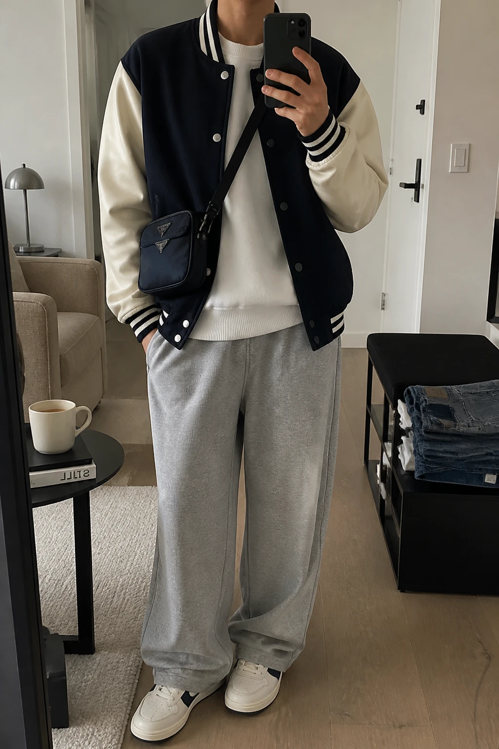 Image Prompt: Mirror selfie of a woman wearing a navy wool varsity jacket with cream faux-leather sleeves over a white oversized fleece-lined crewneck sweatshirt, heather grey baggy straight-leg sweatpants, white chunky leather sneakers with navy detailing, and a small navy nylon crossbody bag, holding a phone in front of a mirror, cropped at the NECK so the face does not show, with a relaxed casual selfie pose, in a stylish city apartment, soft indoor lighting, a coffee mug on a side table and folded denim jeans on a bench, realistic varsity wool texture, natural sweatpant folds and sporty winter streetwear appearance, latest iPhone photo quality, no additional clothing or accessories.