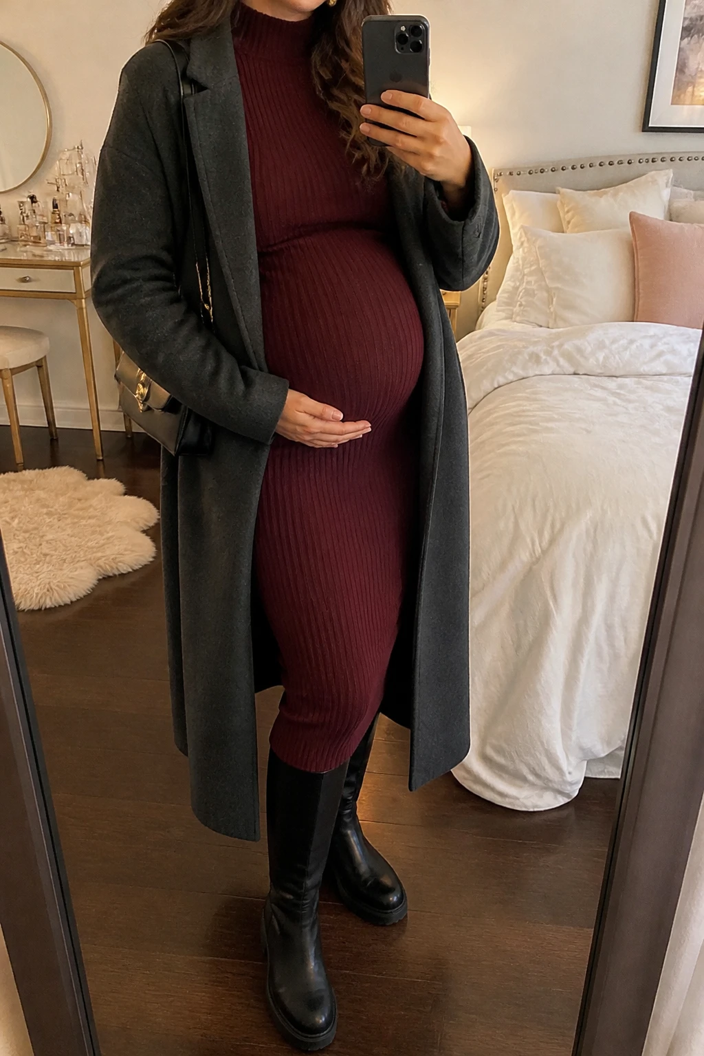 Image Prompt: Mirror selfie of a visibly pregnant woman wearing a burgundy long-sleeve ribbed knit maternity midi dress with a high neckline, stretchy fabric gently following her rounded baby bump, black leather knee-high flat boots with grippy rubber soles, a long charcoal grey wool-blend coat worn open, a small structured black leather shoulder bag, and delicate gold stud earrings, holding a phone in front of a mirror, cropped at the NECK so the face does not show, with a relaxed casual selfie pose and realistic visible pregnancy silhouette, in a feminine-themed bedroom, warm soft indoor lighting, soft pillows on an unmade bed and a jewelry tray on the vanity, realistic burgundy ribbed knit texture, natural wool coat draping, comfortable maternity fit, latest iPhone photo quality, no additional clothing or accessories.