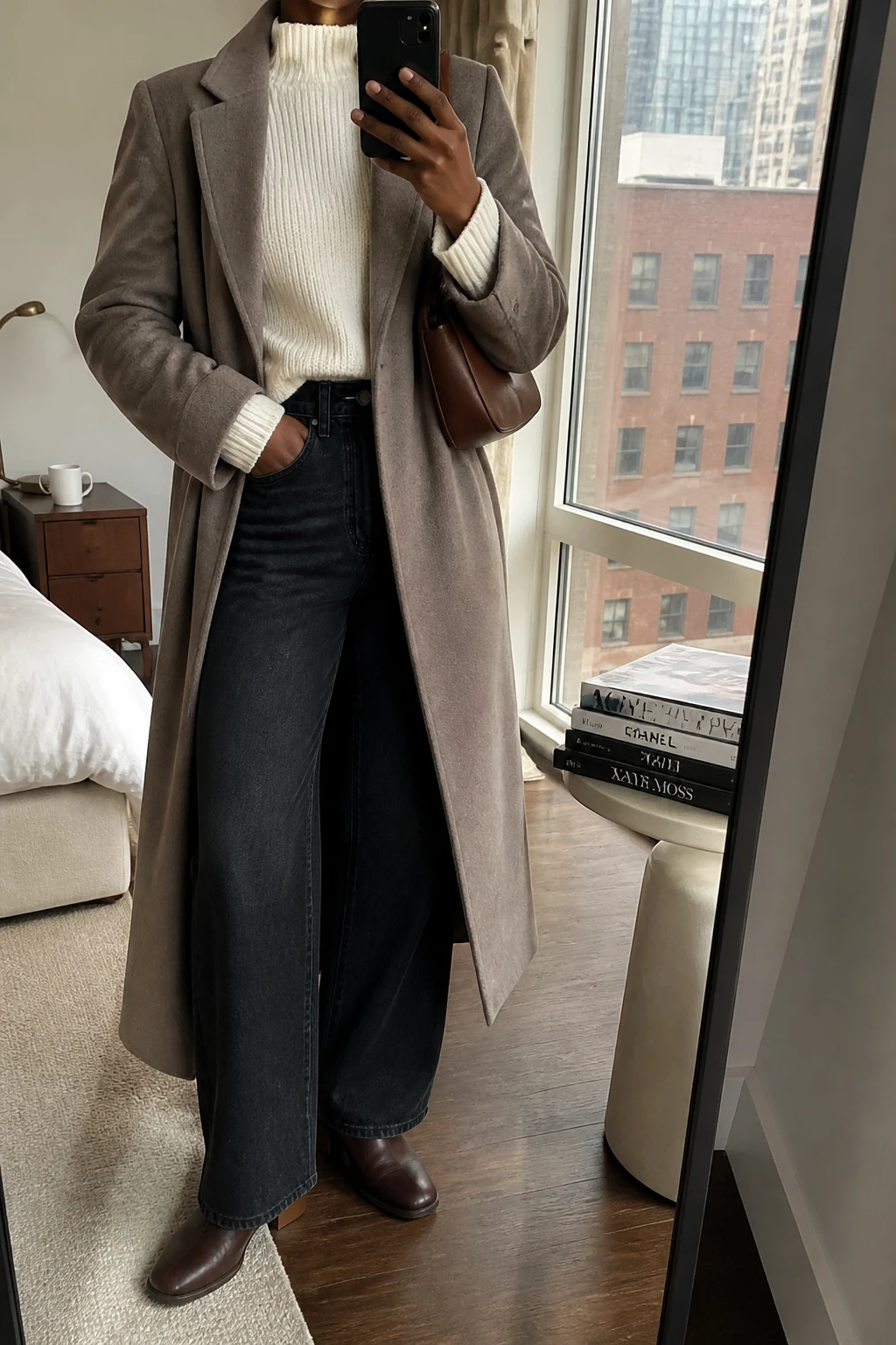 Image Prompt: Mirror selfie of a black woman wearing a long taupe tailored wool-blend coat over an ivory chunky ribbed mock-neck sweater, black high-waisted wide-leg denim jeans, dark brown leather low-heeled ankle boots, and a medium chocolate brown leather shoulder bag, holding a phone in front of a mirror, cropped at the NECK so the face does not show, with a relaxed casual selfie pose, in a stylish city apartment, natural window light, a stack of fashion magazines on a side table and a coffee mug on a bedside table, true-to-life neutral shades, natural denim folds and soft knit texture, latest iPhone photo quality, no additional clothing or accessories.