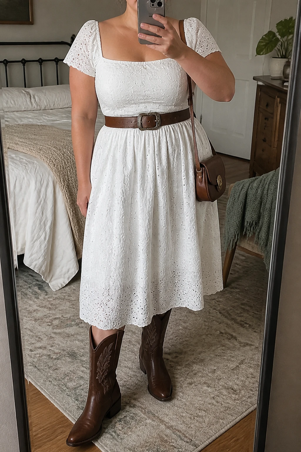 Mirror selfie of a plus size woman wearing a white cotton eyelet midi dress with short flutter sleeves, a square neckline, and a softly fitted waist, dark brown leather knee-high cowboy boots with low stacked heels, a brown leather Western belt, and a structured brown saddle bag, clearly showing the exact dress, white eyelet texture, brown boots, belt, and accessories listed, holding a phone in front of a mirror, cropped at the neck so her face does not appear, relaxed feminine selfie stance, in a cozy bedroom mirror setup with soft indoor lighting, a folded blanket on a chair and a small plant on a dresser, realistic country brunch outfit, latest iPhone photo quality.