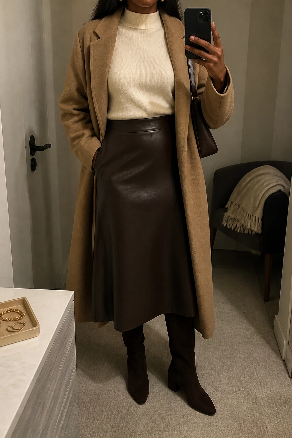 Image Prompt: Mirror selfie of a black woman wearing a cream fitted cashmere mock-neck sweater tucked into a chocolate brown faux-leather A-line midi skirt, dark brown suede knee-high boots with low block heels, a long camel wool coat worn open, a small dark brown leather shoulder bag, and delicate gold oval earrings, holding a phone in front of a mirror, cropped at the NECK so the face does not show, with a relaxed casual selfie pose, in a minimal dressing room, warm moody indoor lighting, a folded blanket on a chair and a jewelry tray on the vanity, realistic faux-leather skirt texture, natural cream cashmere fabric and chocolate suede finish, latest iPhone photo quality, no additional clothing or accessories.