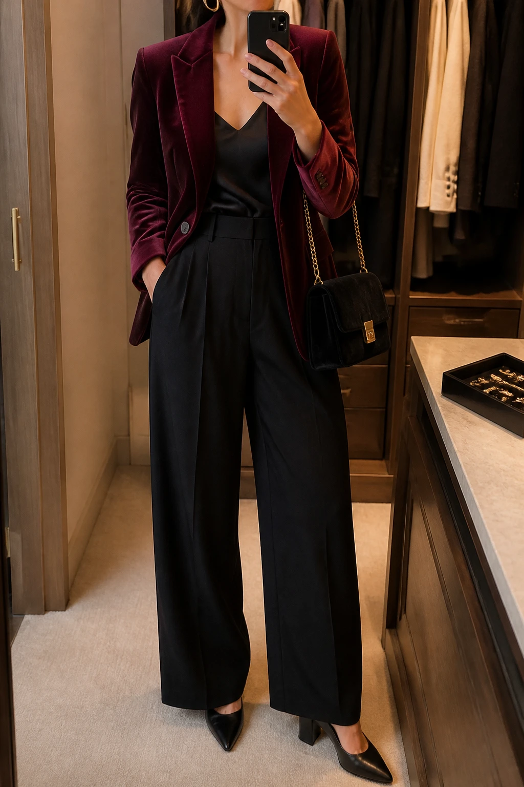 Image Prompt: Mirror selfie of a woman wearing a burgundy fitted velvet single-breasted blazer over a black silk camisole, black high-waisted wide-leg tailored trousers, black leather pointed-toe block heels, a small black velvet shoulder bag, and delicate gold hoop earrings, holding a phone in front of a mirror, cropped at the NECK so the face does not show, with a relaxed casual selfie pose, in a walk-in closet mirror, warm soft indoor lighting, an open closet with clothes visible and a jewelry tray on the vanity, realistic burgundy velvet texture, natural black trouser folds, understated evening styling, latest iPhone photo quality, no additional clothing or accessories.