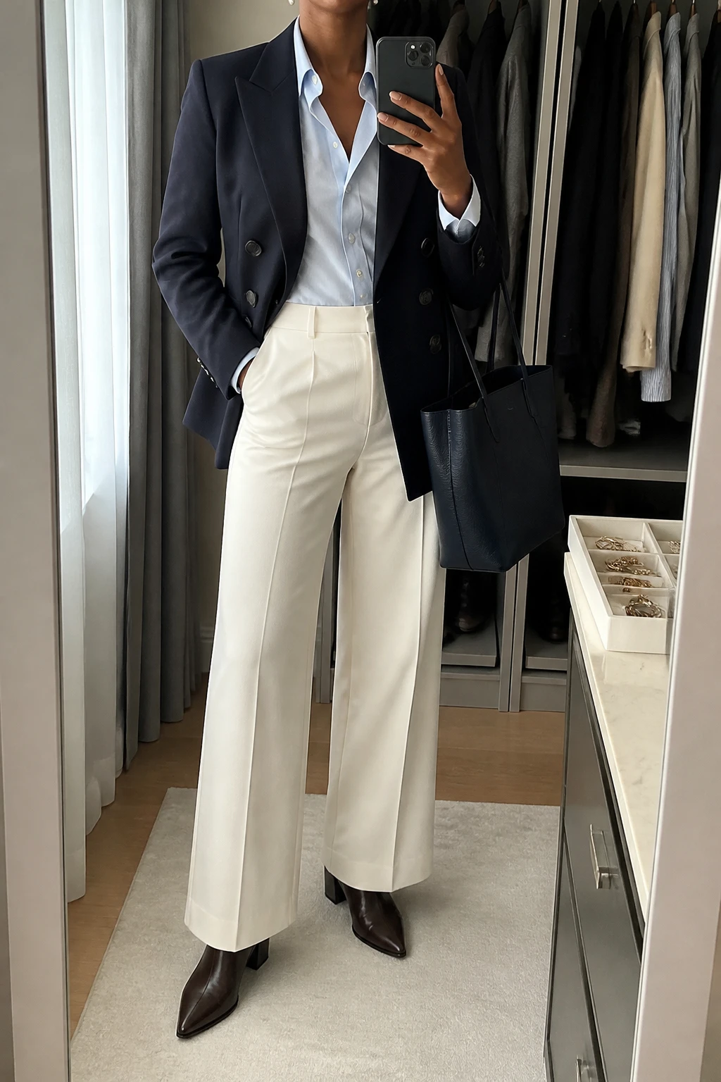 Image Prompt: Mirror selfie of a black woman wearing a navy tailored double-breasted wool-blend blazer over a pale blue fitted cotton button-front shirt, cream high-waisted wide-leg tailored wool trousers with pressed creases, dark brown leather pointed-toe ankle boots with low block heels, a structured navy leather work tote, and small pearl stud earrings, holding a phone in front of a mirror, cropped at the NECK so the face does not show, with a relaxed casual selfie pose, in a walk-in closet mirror, soft natural window light, an open closet with clothes visible and a jewelry tray on the vanity, realistic navy wool blazer texture, natural cream trouser drape, pale blue cotton fabric and latest iPhone photo quality, no additional clothing or accessories.