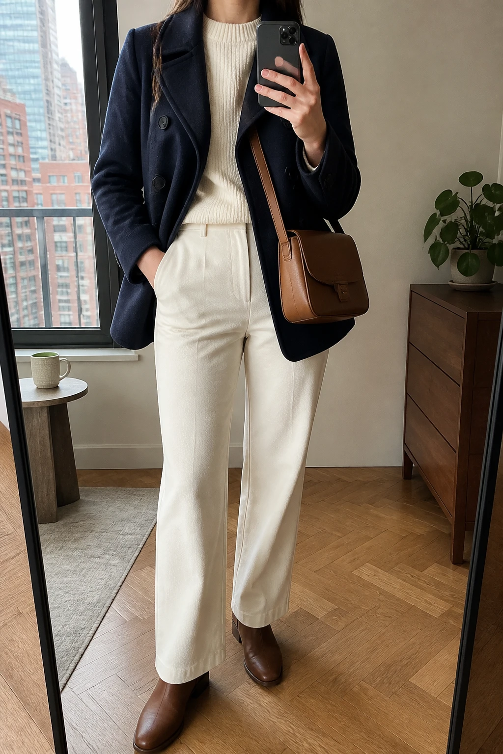 Image Prompt: Mirror selfie of a woman wearing a navy double-breasted wool peacoat over a cream chunky ribbed crewneck sweater, winter-white high-waisted straight-leg wool trousers, cognac brown leather flat ankle boots, and a structured tan leather crossbody bag, holding a phone in front of a mirror, cropped at the NECK so the face does not show, with a relaxed casual selfie pose, in a stylish city apartment, soft natural window light, a coffee mug on a side table and a small plant on a dresser, realistic navy wool texture, natural cream trouser folds, latest iPhone photo quality, no additional clothing or accessories.