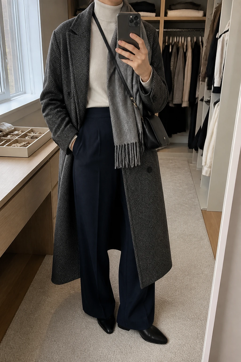 Image Prompt: Mirror selfie of a woman wearing a long charcoal grey herringbone wool coat over an icy white fitted cashmere turtleneck sweater, navy high-waisted wide-leg tailored wool trousers, black leather pointed-toe flat ankle boots with rubber soles, a small structured black leather crossbody bag, and a soft grey cashmere scarf, holding a phone in front of a mirror, cropped at the NECK so the face does not show, with a relaxed casual selfie pose, in a walk-in closet mirror, soft natural window light, an open closet with clothes visible and a jewelry tray on the vanity, realistic herringbone wool texture, natural navy trouser folds and soft white cashmere knit, latest iPhone photo quality, no additional clothing or accessories.