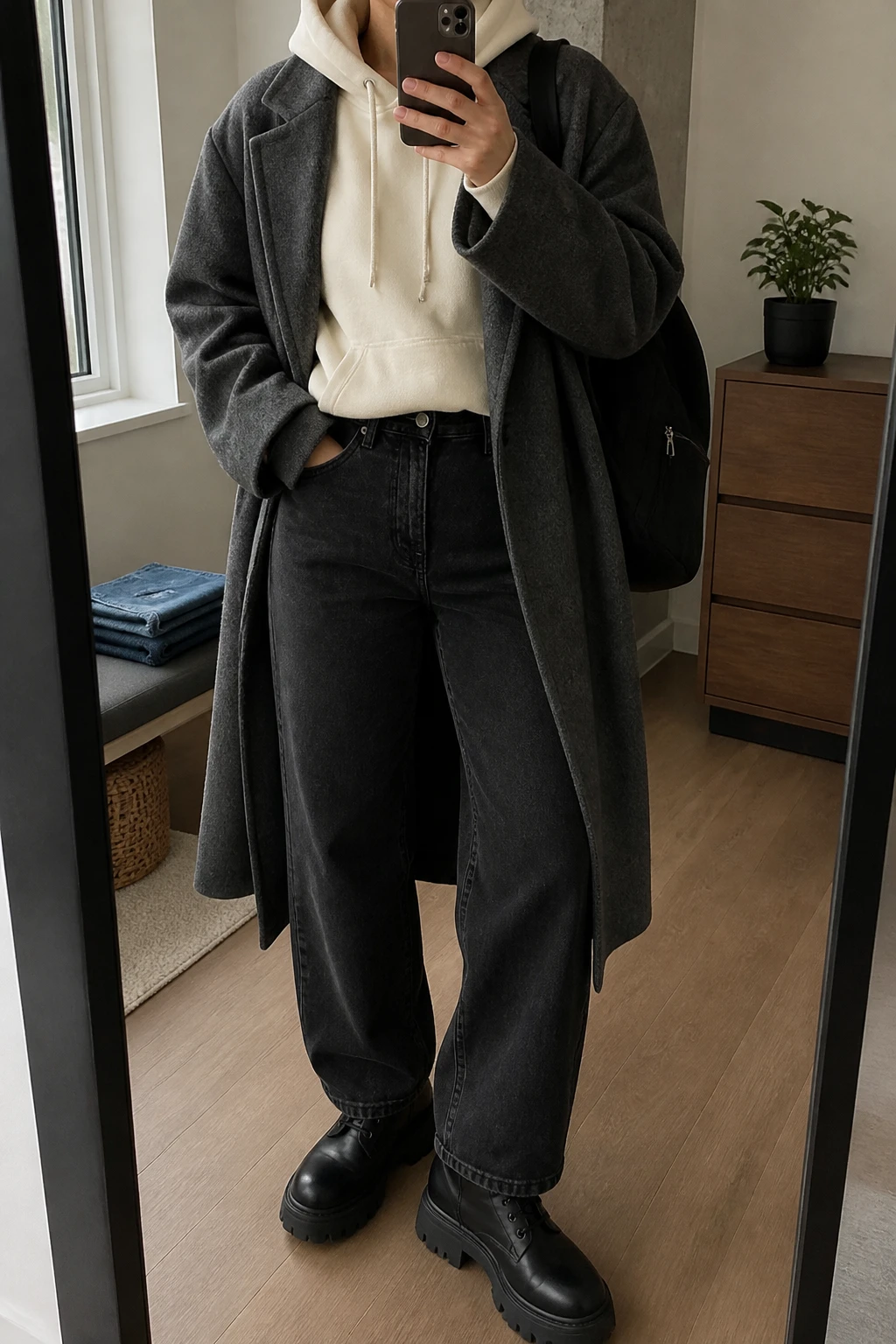 Image Prompt: Mirror selfie of a woman wearing a long charcoal grey relaxed-fit wool-blend coat over a cream oversized fleece-lined hoodie, washed black high-waisted wide-leg denim jeans, black waterproof leather chunky lace-up boots with thick lug soles, and a medium black canvas zippered backpack worn over one shoulder, holding a phone in front of a mirror, cropped at the NECK so the face does not show, with a relaxed casual selfie pose, in a stylish city apartment, soft natural window light, folded denim jeans on a bench and a small plant on a dresser, realistic charcoal wool texture, natural cream hoodie folds and relaxed black denim creases, latest iPhone photo quality, no additional clothing or accessories.