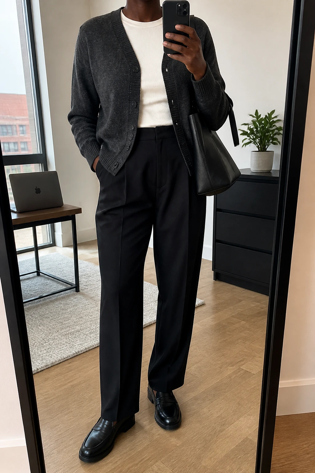 Image Prompt: Mirror selfie of a black woman wearing a charcoal grey fine-knit V-neck button-front cardigan over an ivory fitted cotton crewneck top, black high-waisted pleated straight-leg tailored trousers, black polished leather loafers with low block heels and rubber soles, a structured black leather work tote, and small silver stud earrings, holding a phone in front of a mirror, cropped at the NECK so the face does not show, with a relaxed casual selfie pose, in a stylish city apartment, soft natural window light, a laptop on a side table and a small plant on a dresser, realistic charcoal knit cardigan texture, natural black trouser pleats, polished leather loafer finish and latest iPhone photo quality, no additional clothing or accessories.