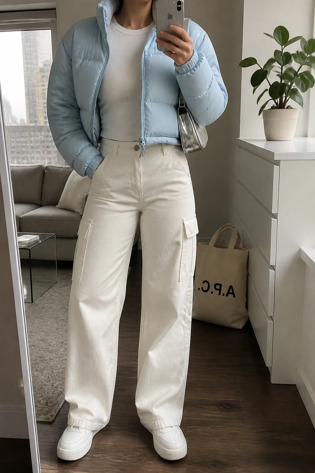 Image Prompt: Mirror selfie of a woman wearing a baby blue cropped quilted insulated puffer jacket over a white fitted long-sleeve thermal crewneck top, winter-white wide-leg cargo trousers with side pockets, white platform leather sneakers with thick rubber soles, and a small metallic silver nylon shoulder bag, holding a phone in front of a mirror, cropped at the NECK so the face does not show, with a relaxed casual selfie pose, in a stylish city apartment, natural window light, a tote bag resting on the floor and a small plant on a dresser, realistic baby blue puffer texture, natural cargo fabric folds and casual Y2K-inspired styling, latest iPhone photo quality, no additional clothing or accessories.