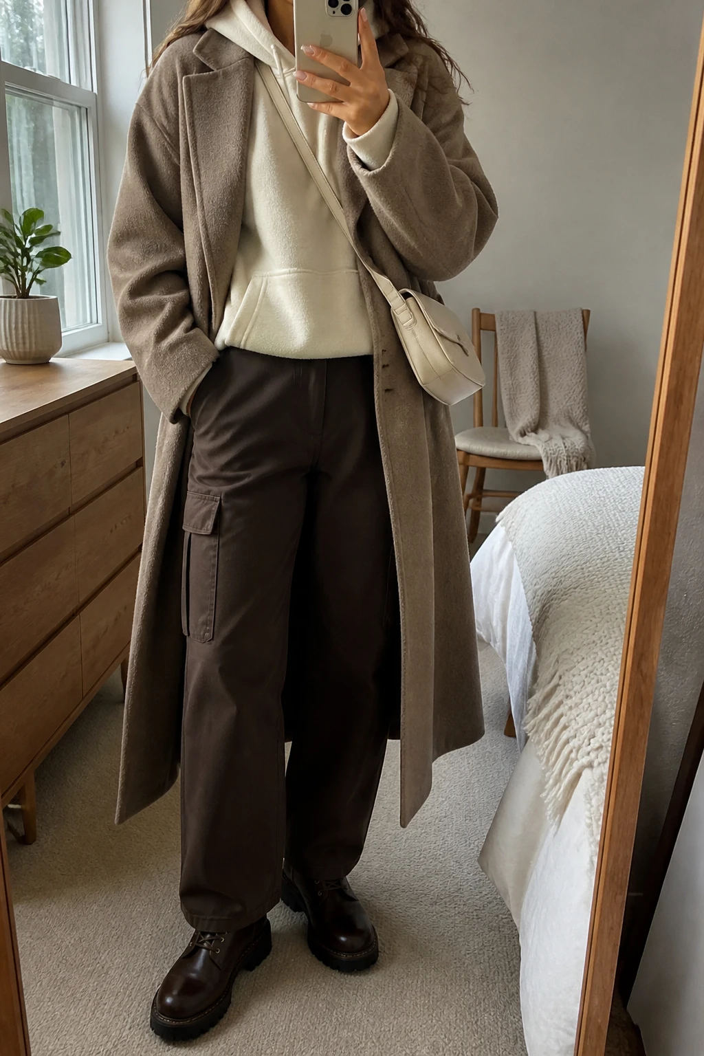 Image Prompt: Mirror selfie of a woman wearing a long taupe oversized wool-blend coat over an ivory thick fleece-lined hoodie, chocolate brown relaxed straight-leg cargo trousers with side pockets, dark brown leather chunky lace-up ankle boots with rubber soles, and a small cream canvas crossbody bag, holding a phone in front of a mirror, cropped at the NECK so the face does not show, with a relaxed casual selfie pose, in a cozy bedroom mirror setup, soft natural window light, a folded blanket on a chair and a small plant on a dresser, realistic taupe wool texture, natural chocolate cargo fabric creases and soft hoodie folds, latest iPhone photo quality, no additional clothing or accessories.