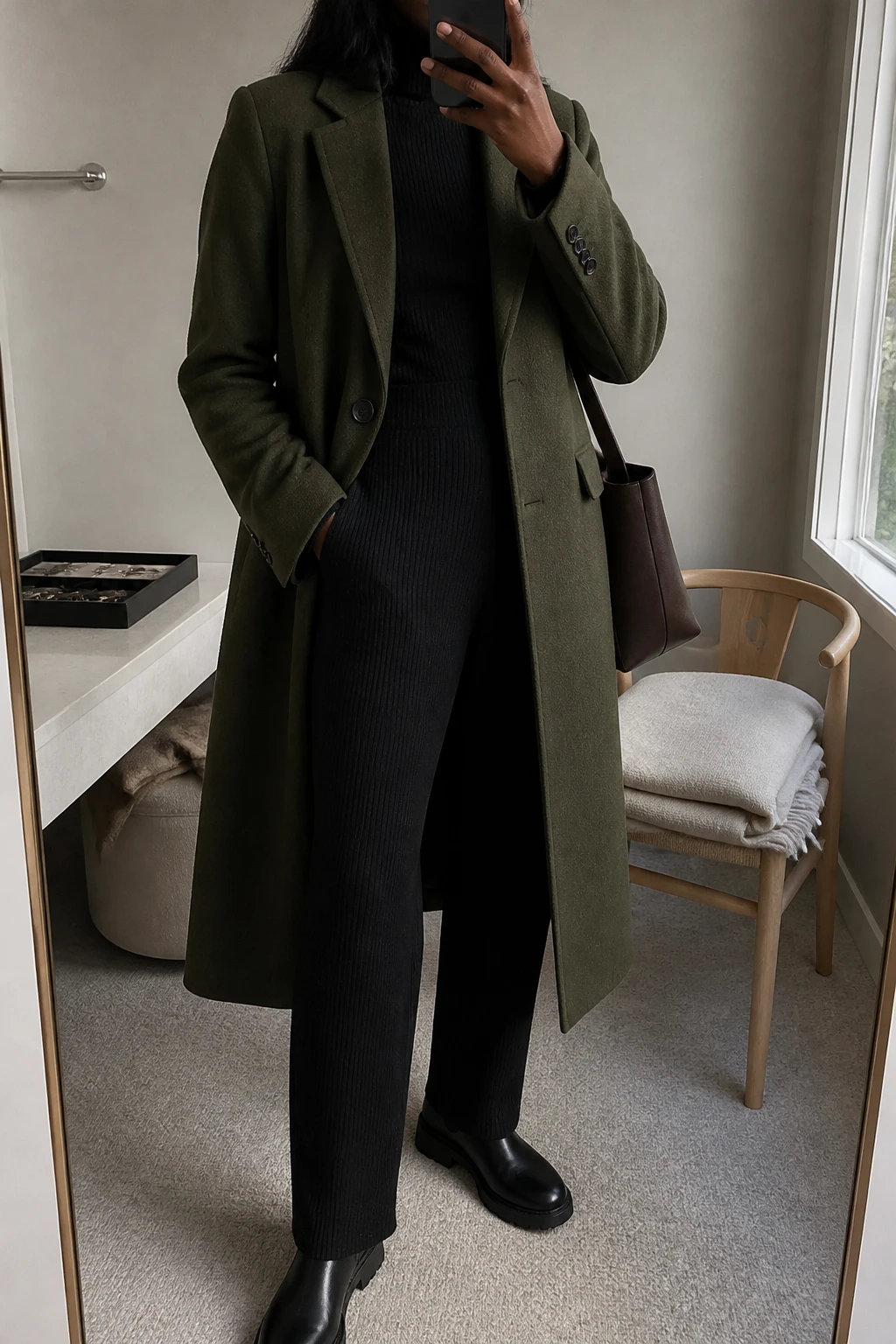 Image Prompt: Mirror selfie of a black woman wearing a long olive green tailored wool coat over a black fitted ribbed knit turtleneck sweater and matching black straight-leg ribbed knit trousers, black leather flat ankle boots with thick rubber soles, and a structured dark brown leather shoulder bag, holding a phone in front of a mirror, cropped at the NECK so the face does not show, with a relaxed casual selfie pose, in a minimal dressing room, natural window light, a jewelry tray on the vanity and a folded blanket on a chair, true-to-life olive green wool, natural knit texture and casual body proportions, latest iPhone photo quality, no additional clothing or accessories.