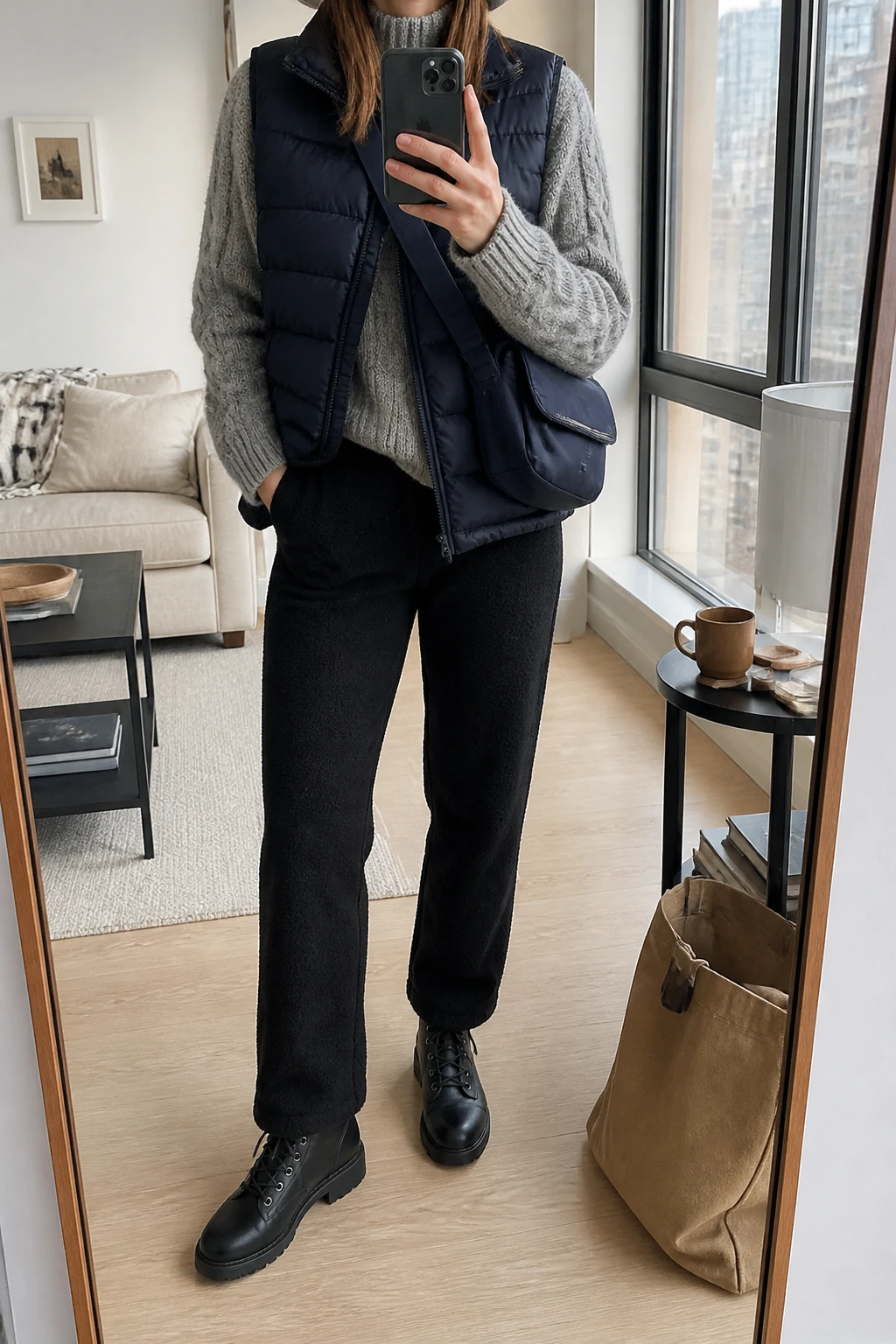 Image Prompt: Mirror selfie of a woman wearing a navy insulated quilted puffer vest over a heather grey thick cable-knit sweater, black fleece-lined straight-leg trousers, black waterproof leather lace-up boots with rubber soles, a navy nylon crossbody bag, and a grey ribbed wool beanie, holding a phone in front of a mirror, cropped at the NECK so the face does not show, with a relaxed casual selfie pose, in a stylish city apartment, natural window light, a tote bag resting on the floor and a coffee mug on a side table, realistic layered winter clothing, natural knit folds, latest iPhone photo quality, no additional clothing or accessories.