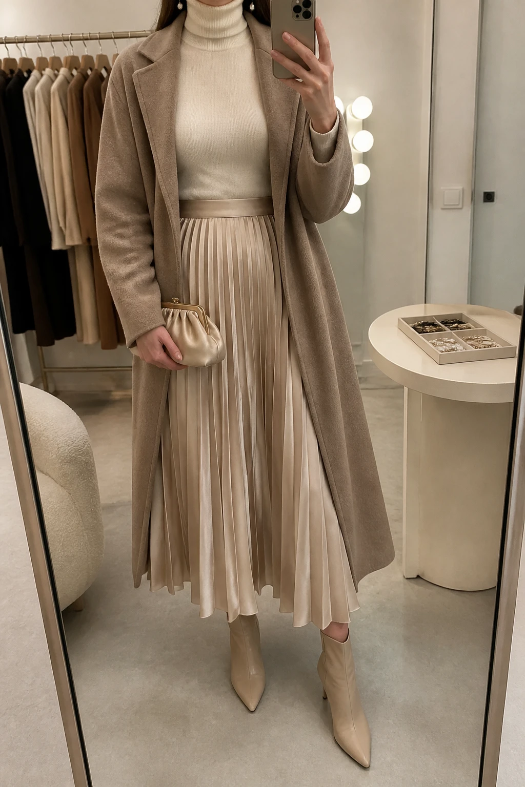Image Prompt: Mirror selfie of a woman wearing a cream fitted cashmere turtleneck sweater tucked into a champagne satin pleated midi skirt, nude beige pointed-toe heeled ankle boots, a small champagne satin clutch, delicate gold pearl-drop earrings, and a long taupe wool coat worn open, holding a phone in front of a mirror, cropped at the NECK so the face does not show, with a relaxed casual selfie pose, in a fashion studio mirror corner, warm soft indoor lighting, a clothing rack with garments behind and a jewelry tray on the vanity, believable satin pleats and fine cashmere texture, latest iPhone photo quality, no additional clothing or accessories.