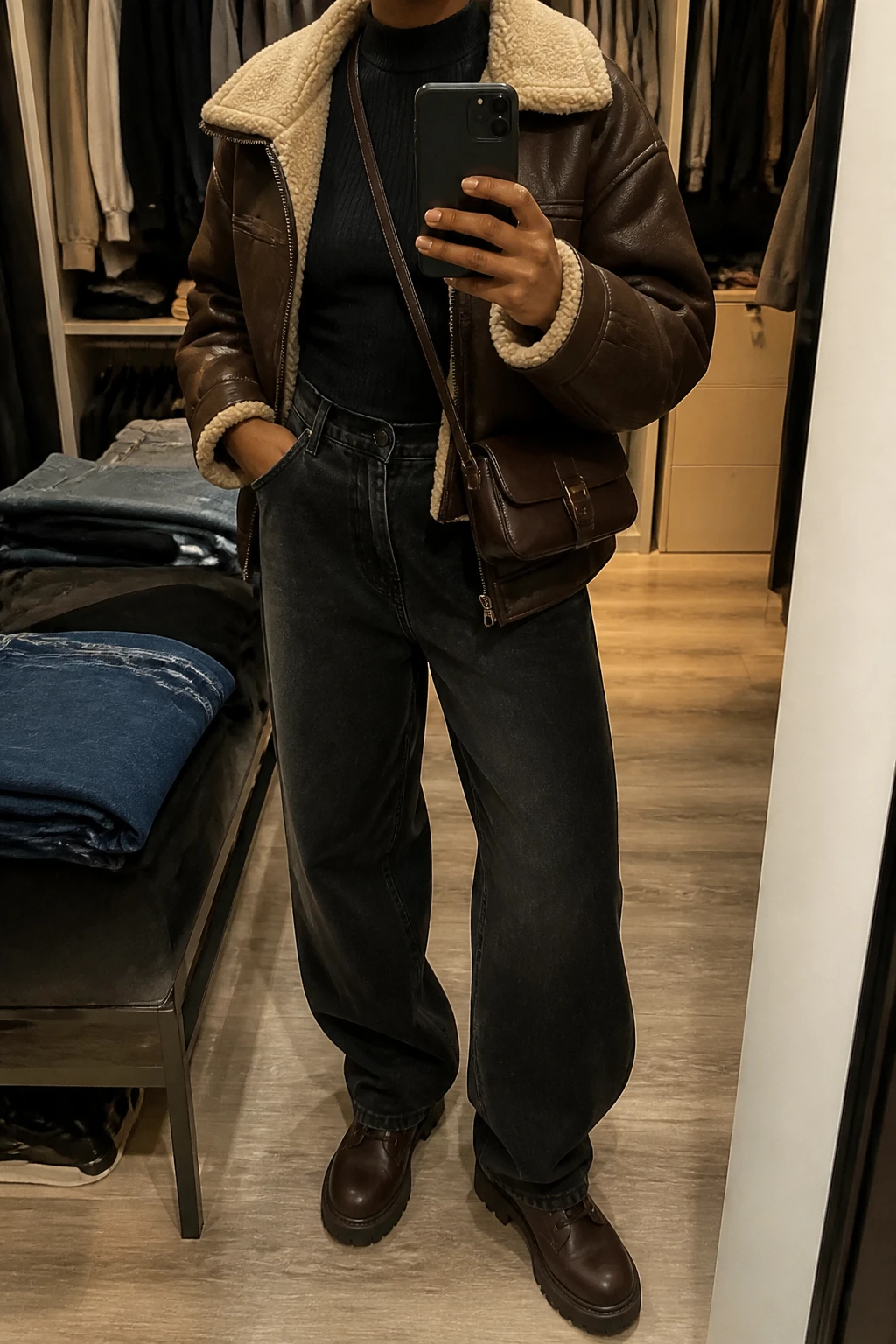 Image Prompt: Mirror selfie of a black woman wearing a chocolate brown oversized faux-suede shearling-lined jacket with a cream fleece collar over a black fitted thermal mock-neck sweater, washed black baggy straight-leg jeans, dark brown leather chunky lace-up boots, and a small chocolate brown leather crossbody bag, holding a phone in front of a mirror, cropped at the NECK so the face does not show, with a relaxed casual selfie pose, in a walk-in closet mirror, warm soft indoor lighting, an open closet with clothes visible and folded denim jeans on a bench, realistic brown faux-suede texture, natural shearling detail and baggy denim creases, latest iPhone photo quality, no additional clothing or accessories.