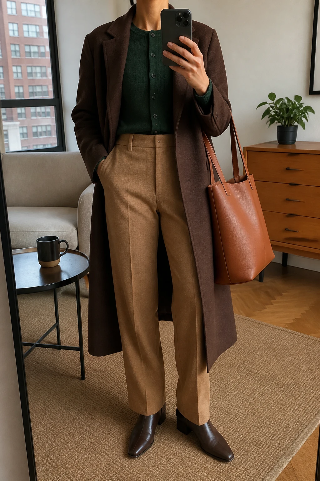 Image Prompt: Mirror selfie of a woman wearing a forest green fine-knit button-front cardigan, fully buttoned and tucked into camel high-waisted straight-leg tailored wool trousers, dark brown leather pointed-toe low block-heel ankle boots, a long chocolate brown tailored wool coat worn open, a structured tan leather tote bag, and delicate gold stud earrings, holding a phone in front of a mirror, cropped at the NECK so the face does not show, with a relaxed casual selfie pose, in a stylish city apartment, soft natural window light, a coffee mug on a side table and a small plant on a dresser, realistic forest green knit texture, natural camel wool trouser folds, rich brown leather grain and latest iPhone photo quality, no additional clothing or accessories.