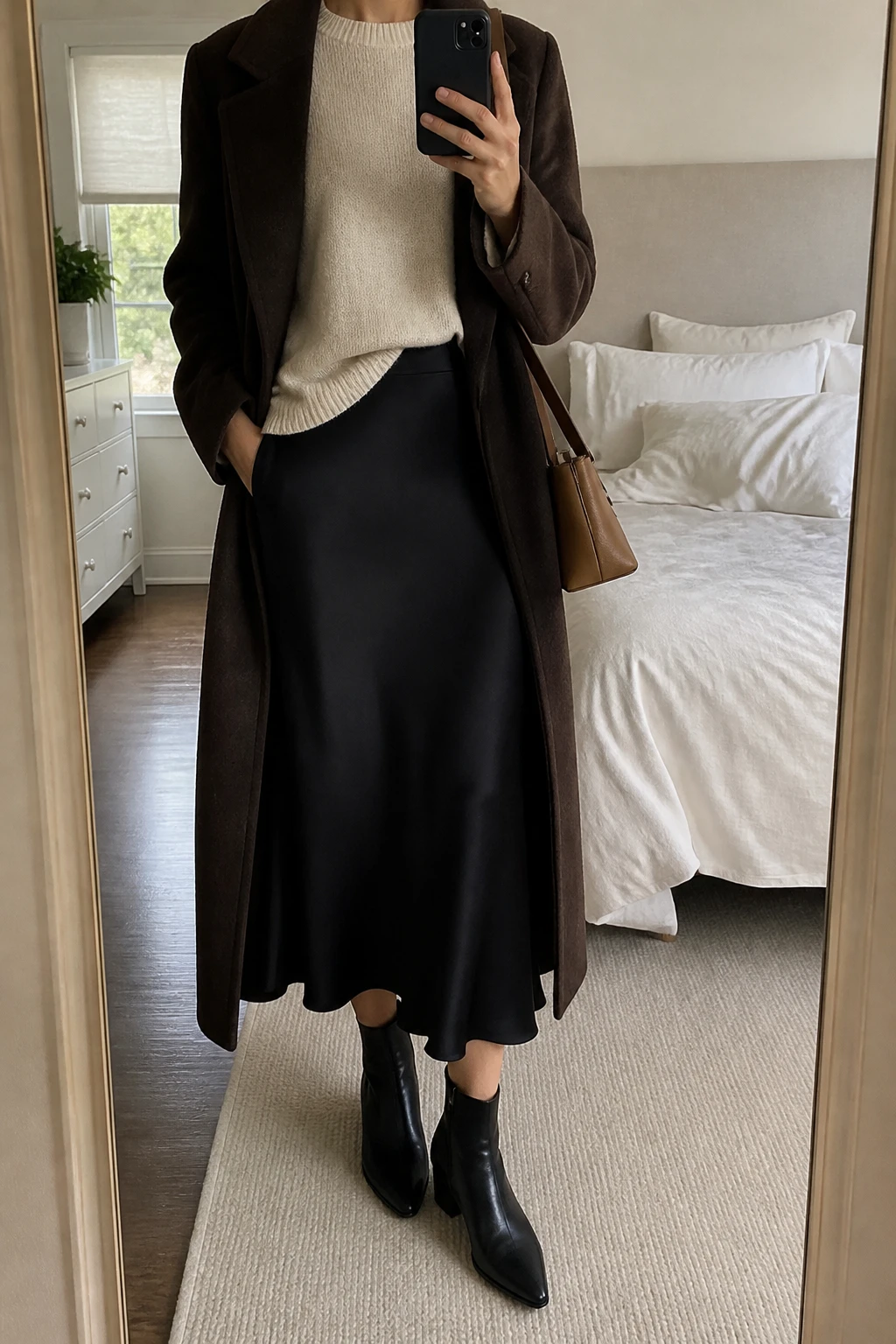 Image Prompt: Mirror selfie of a woman wearing an oatmeal relaxed-fit cashmere crewneck sweater with a small front tuck into a black satin bias-cut midi skirt, black leather pointed-toe ankle boots with low block heels, a long chocolate brown tailored wool coat worn open, and a small caramel leather handbag, holding a phone in front of a mirror, cropped at the NECK so the face does not show, with a relaxed casual selfie pose, in a feminine-themed bedroom, soft natural window light, soft pillows on an unmade bed and a small plant on a dresser, realistic oatmeal knit texture, natural black satin drape without exaggerated shine, latest iPhone photo quality, no additional clothing or accessories.