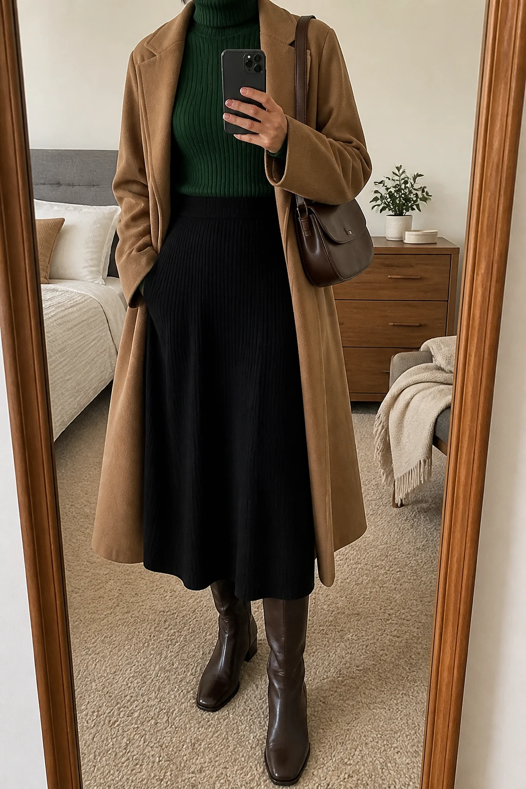 Image Prompt: Mirror selfie of a woman wearing a forest green fitted ribbed turtleneck sweater tucked into a black high-waisted ribbed knit A-line midi skirt, dark brown leather knee-high boots with low block heels, a long camel wool wrap coat worn open, and a small structured chocolate brown leather shoulder bag, holding a phone in front of a mirror, cropped at the NECK so the face does not show, with a relaxed casual selfie pose, in a cozy bedroom mirror setup, soft indoor lighting, a folded blanket on a chair and a small plant on a dresser, realistic green ribbed knit texture, natural black midi skirt folds and soft brown leather finish, latest iPhone photo quality, no additional clothing or accessories.