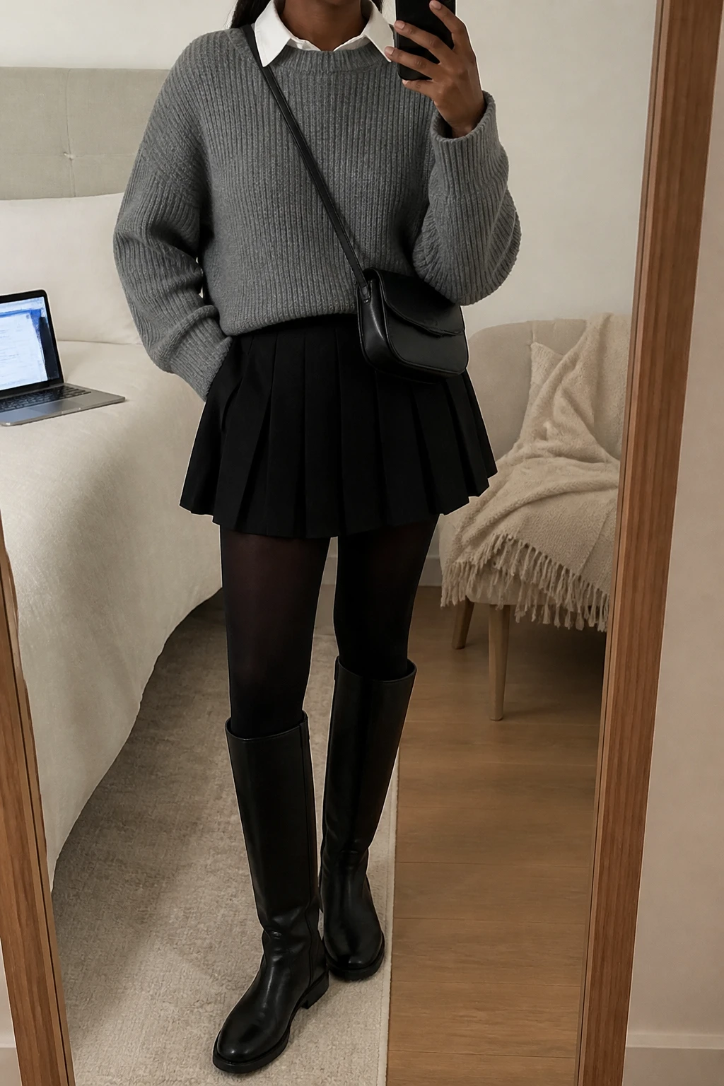 Image Prompt: Mirror selfie of a black woman wearing a heather grey oversized chunky ribbed crewneck sweater layered over a white cotton collared shirt with the collar visible, a black wool-blend pleated mini skirt, black opaque fleece-lined tights, black leather knee-high flat boots, and a small black structured crossbody bag, holding a phone in front of a mirror, cropped at the NECK so the face does not show, with a relaxed casual selfie pose, in a cozy bedroom mirror setup, soft indoor lighting, a laptop on the bed and a folded blanket on a chair, realistic grey ribbed knit fabric, natural black skirt pleats, believable thermal tights, latest iPhone photo quality, no additional clothing or accessories.
