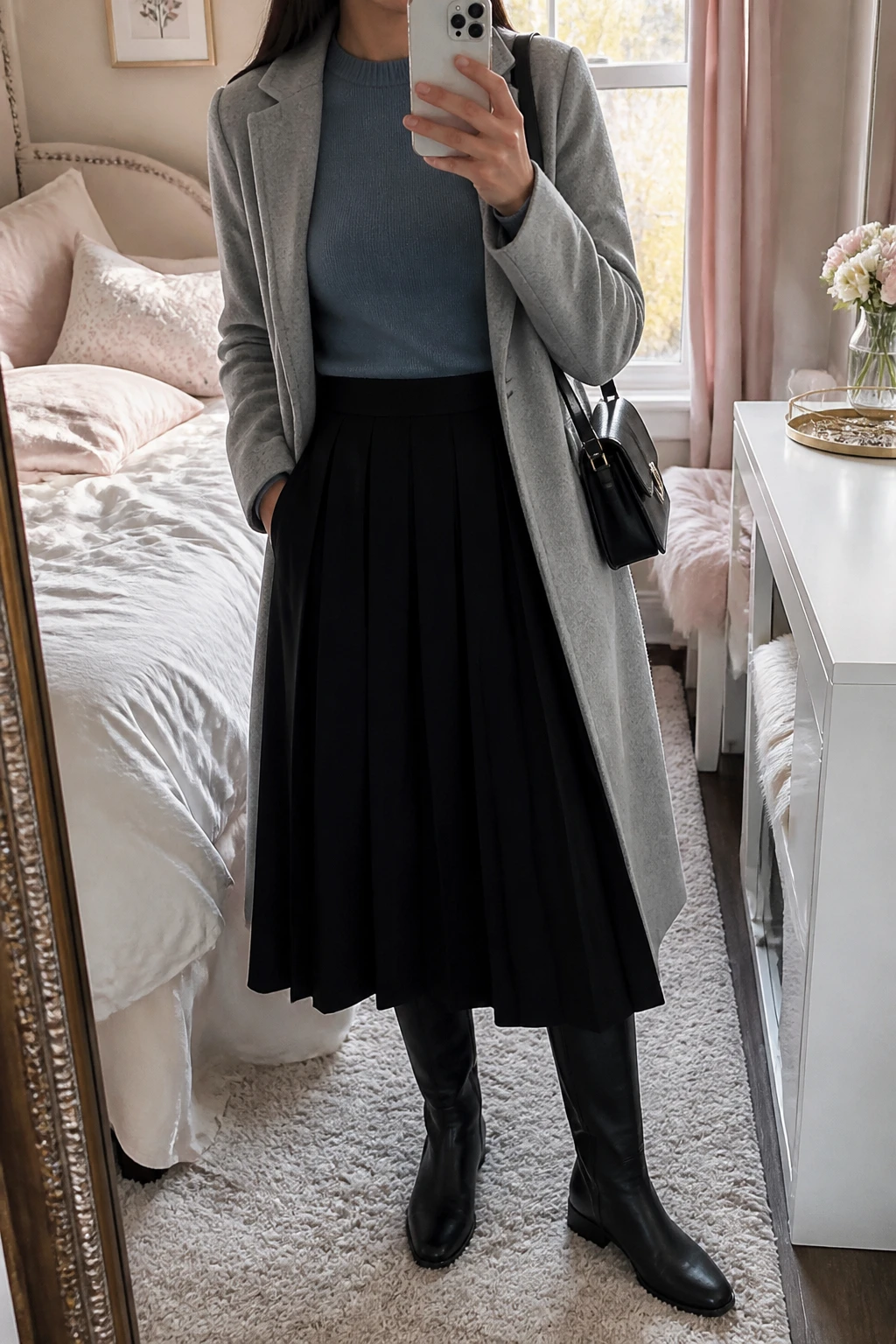 Image Prompt: Mirror selfie of a woman wearing a dusty blue fitted cashmere crewneck sweater tucked into a black high-waisted wool-blend pleated midi skirt, black leather knee-high boots with low block heels, a long light grey tailored wool coat worn open, and a small structured black leather shoulder bag, holding a phone in front of a mirror, cropped at the NECK so the face does not show, with a relaxed casual selfie pose, in a feminine-themed bedroom, soft natural window light, soft pillows on an unmade bed and a jewelry tray on the vanity, realistic dusty blue cashmere texture, natural black skirt pleats and soft grey wool coat folds, latest iPhone photo quality, no additional clothing or accessories.