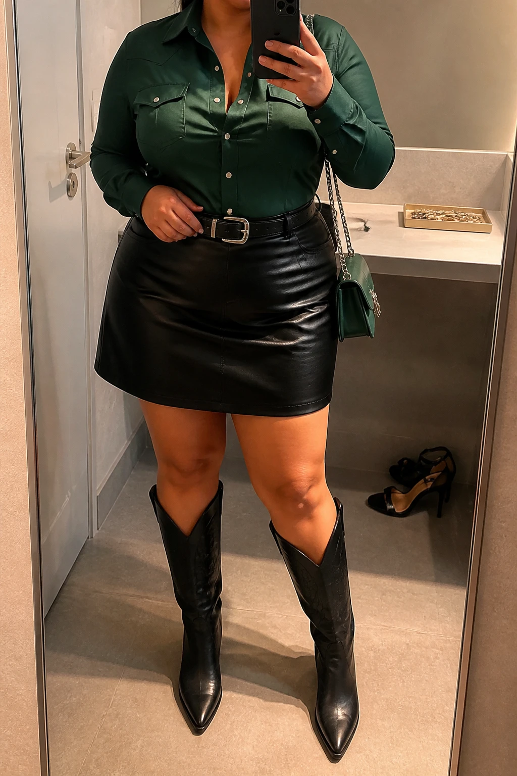 Mirror selfie of a plus size woman wearing a high-waisted black faux-leather A-line mini skirt, an emerald green fitted Western shirt with long sleeves and silver snap buttons, black pointed knee-high cowboy boots, a black leather belt with a silver buckle, and a small emerald shoulder bag, clearly showing the exact clothing items, black leather texture, green shirt, silver snaps, boots, belt, and accessories listed, holding a phone in front of a mirror, cropped at the neck so her face is hidden, relaxed fierce selfie stance, in a minimal dressing room with evening golden-hour lighting, a pair of heels on the floor nearby and a jewelry tray on the vanity, realistic party outfit, latest iPhone photo quality.